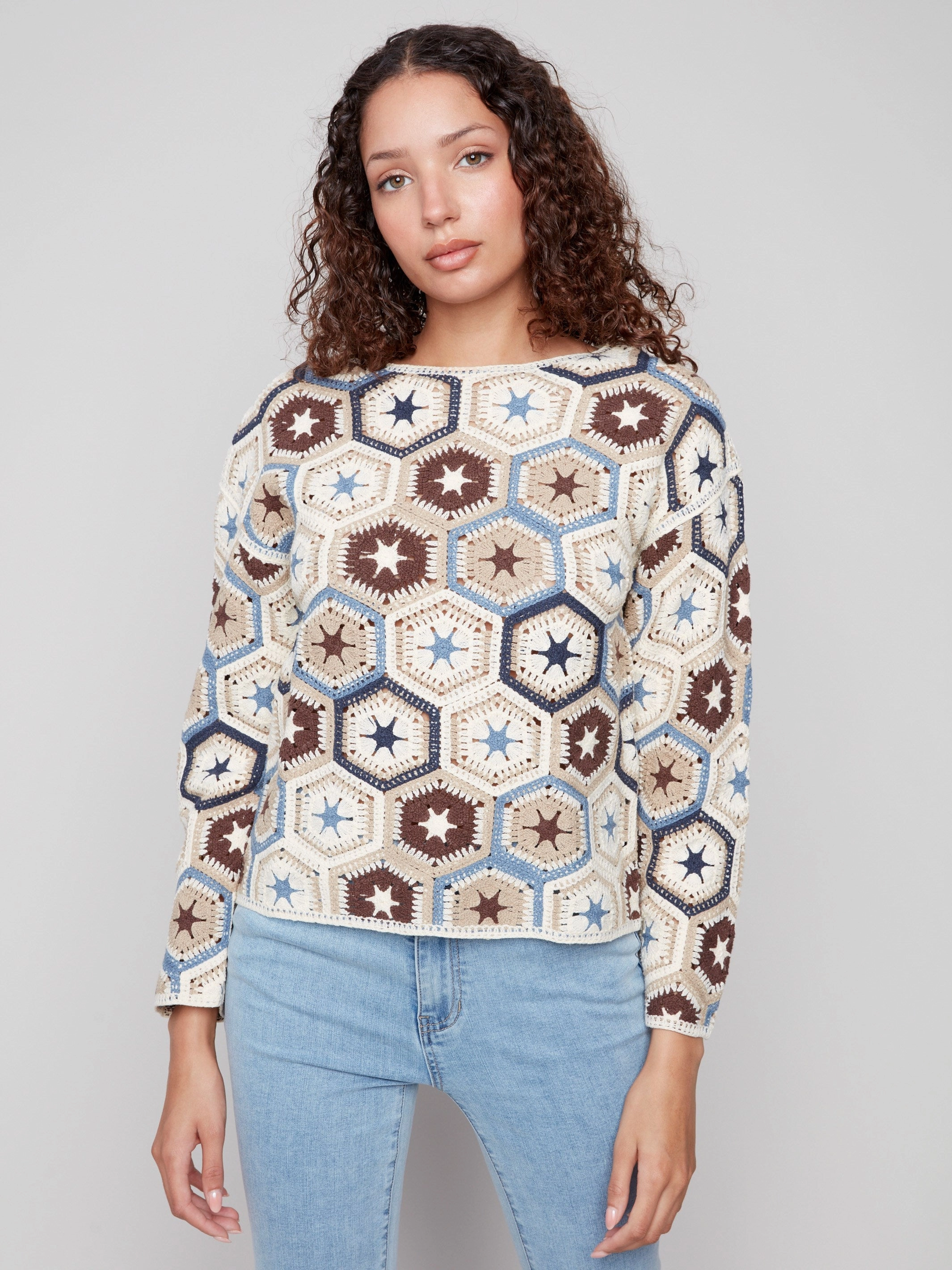 Crochet Boat Neck Top - Oxford Relaxed Knitwear Knit Outfit