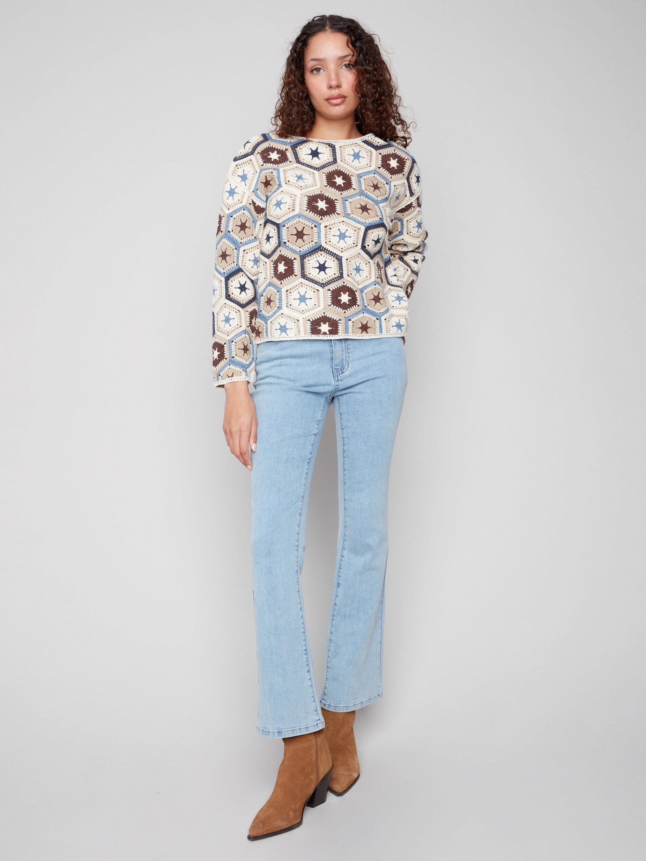 Neutral Unisex model Crochet Boat Neck Top - Oxford