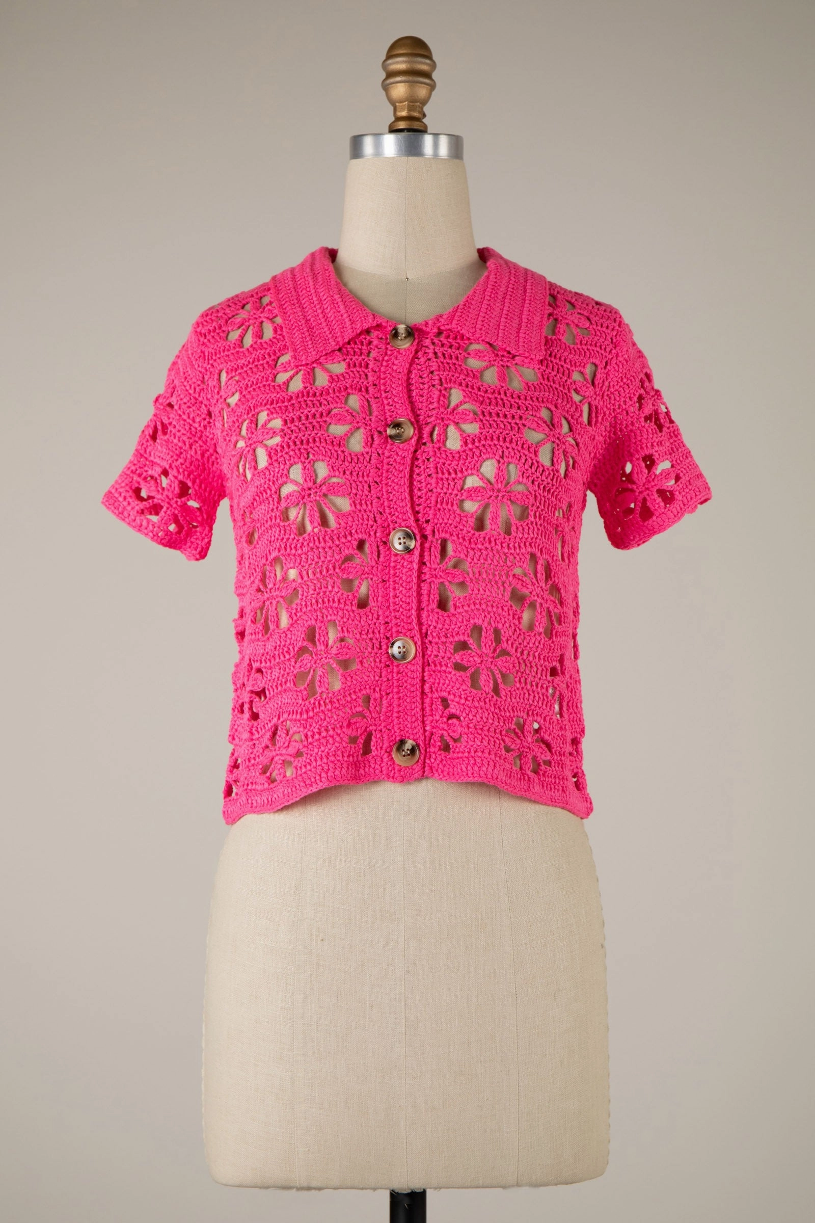 Casual Long Sleeve Relaxed Top CROCHET FLOWER SHORT SLEEVE CARDI