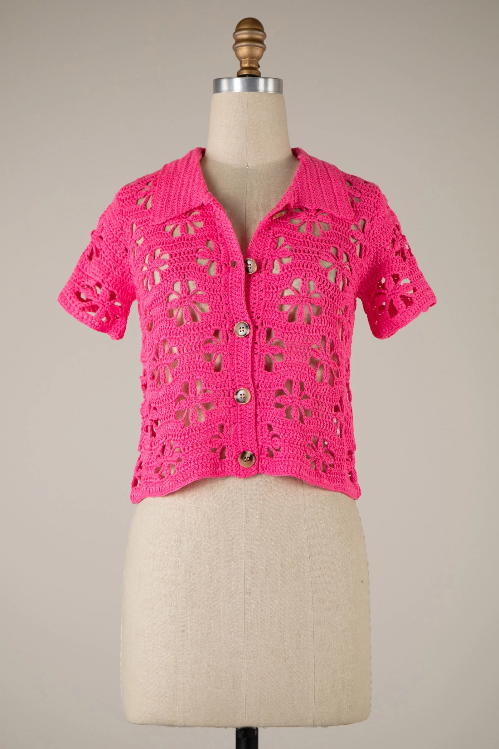 CROCHET FLOWER SHORT SLEEVE CARDI Layered Hem Detailing