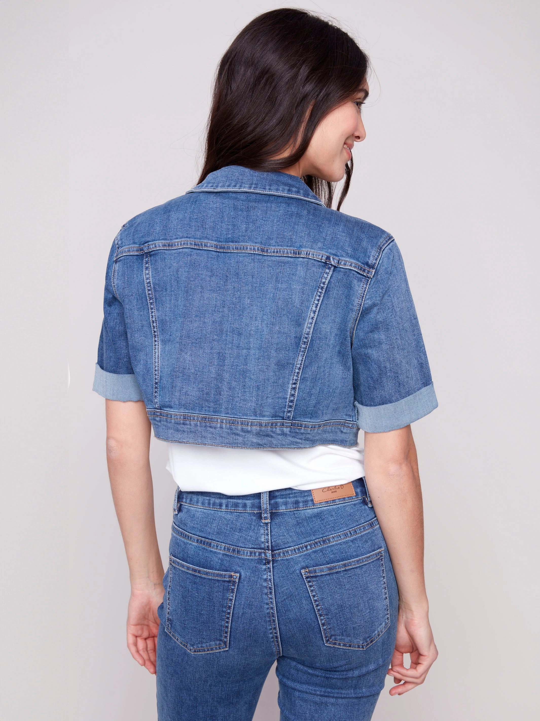 Cropped Denim Jacket - Medium Blue Non Restrictive Armholes
