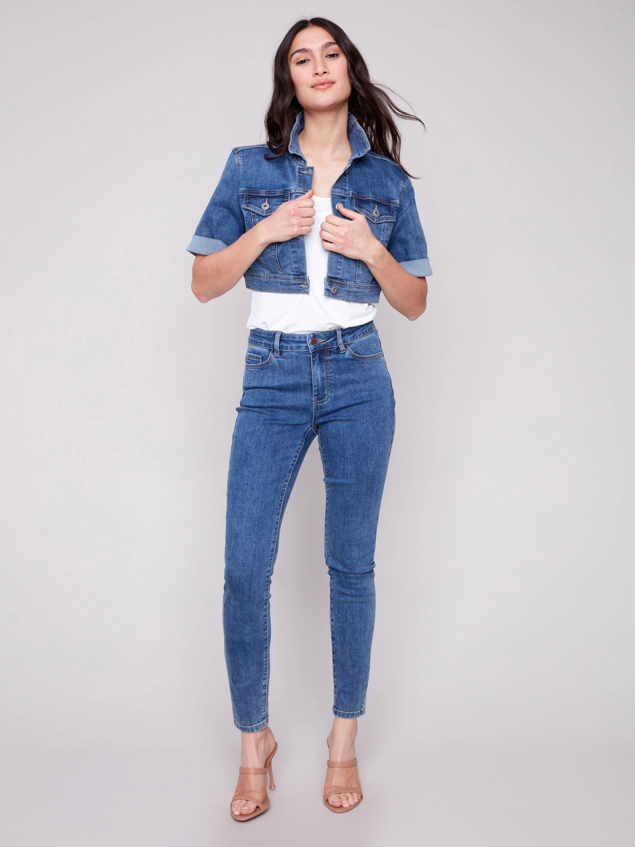 Cropped Denim Jacket - Medium Blue Anti Static Inner Layer