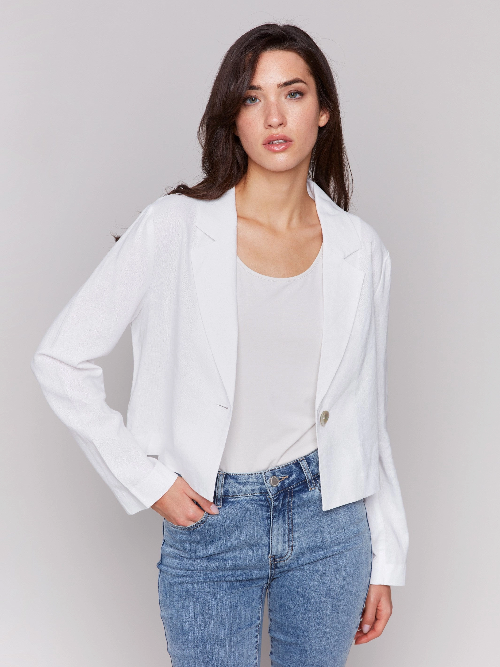 Cropped Linen Blend Blazer - White Light Reflective Zippers hypoallergenic material