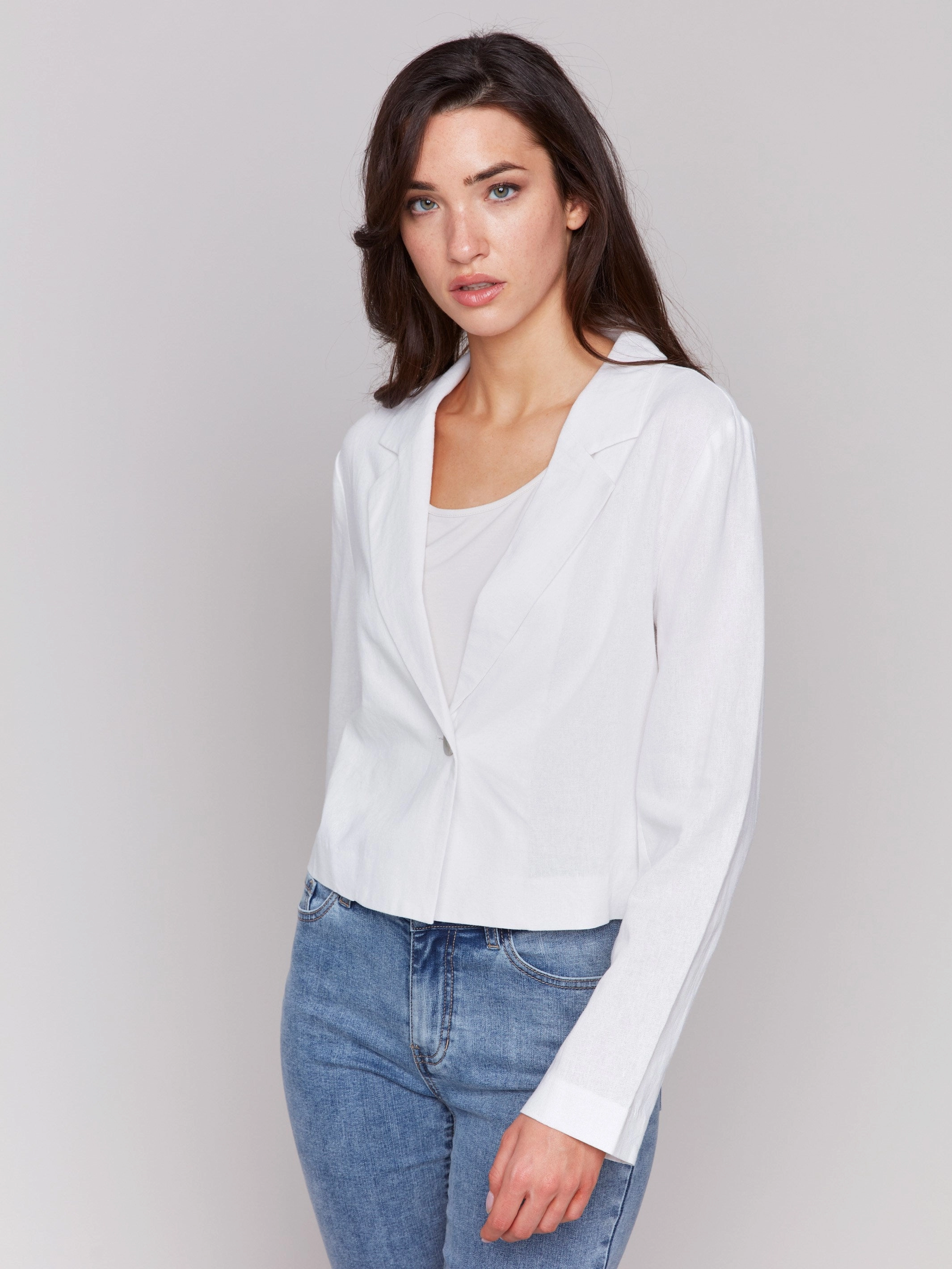 Cropped Linen Blend Blazer - White Transitional Daily Fit