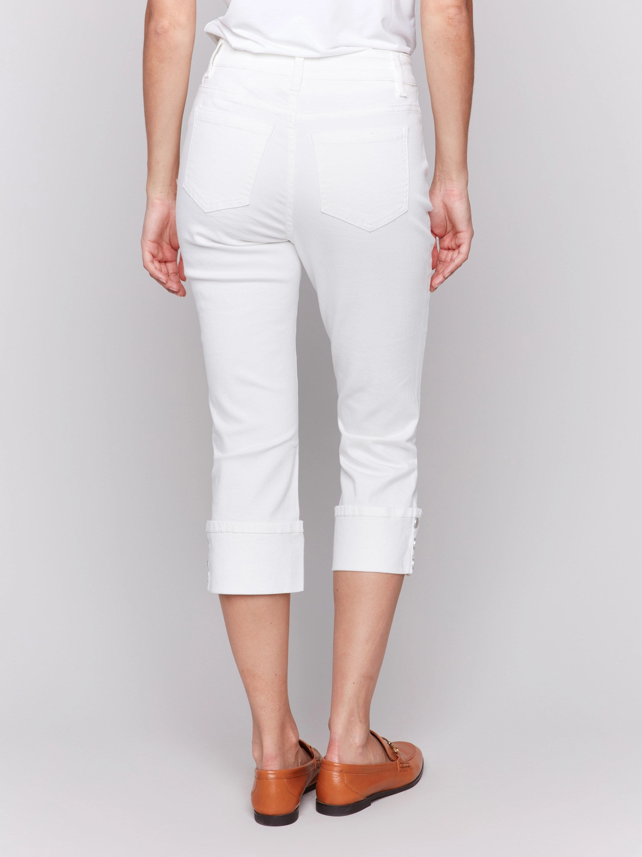 Street Fashion Affordable Cropped Twill Jeans with Snap Button Cuff Detail - White