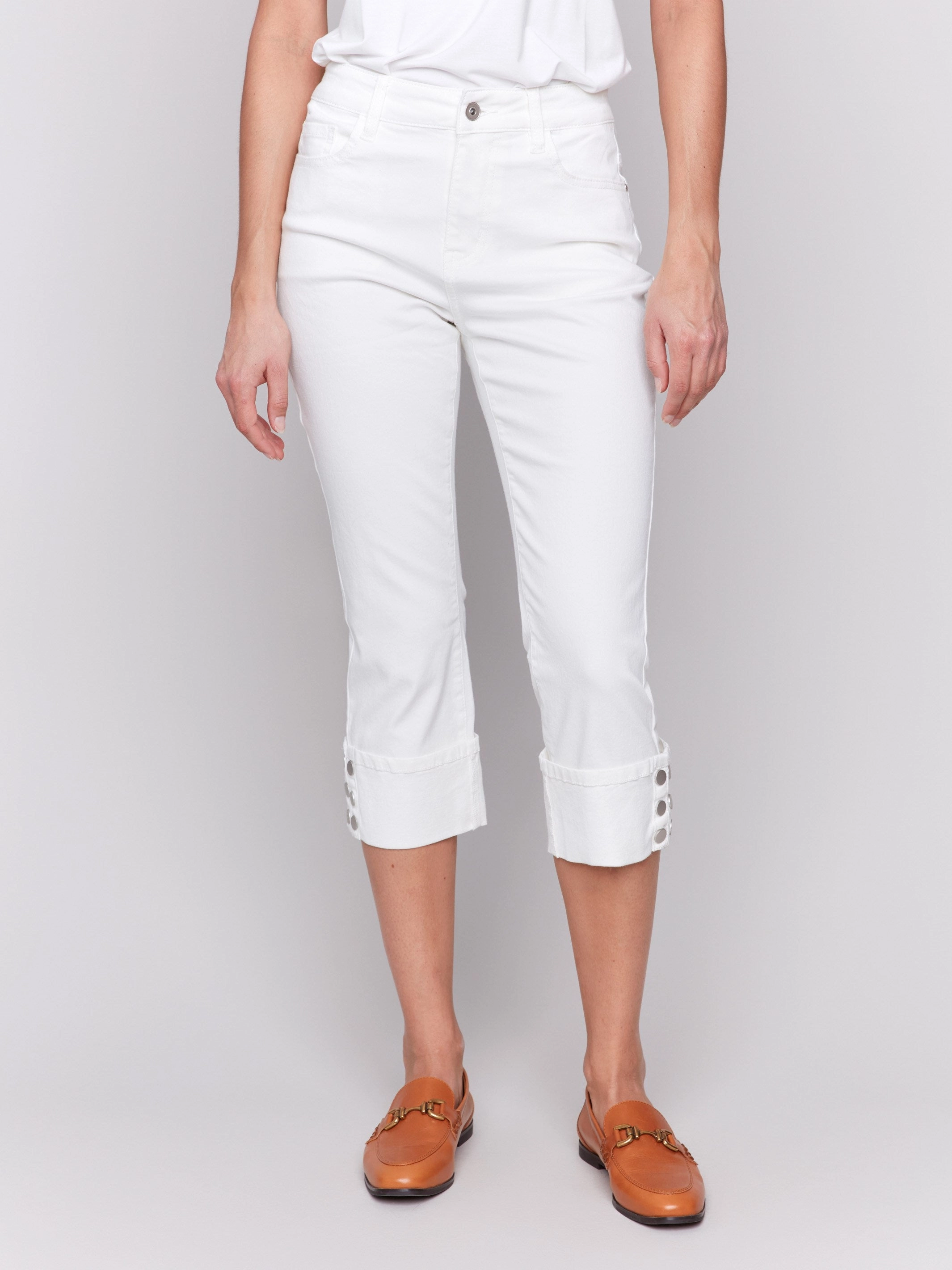 Elegant Adult Fashion Date Night Sunny Vibes Cropped Twill Jeans with Snap Button Cuff Detail - White