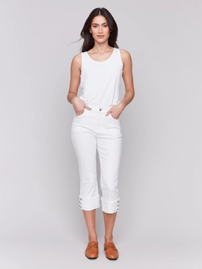 Cropped Twill Jeans with Snap Button Cuff Detail - White Acid Wash Effect