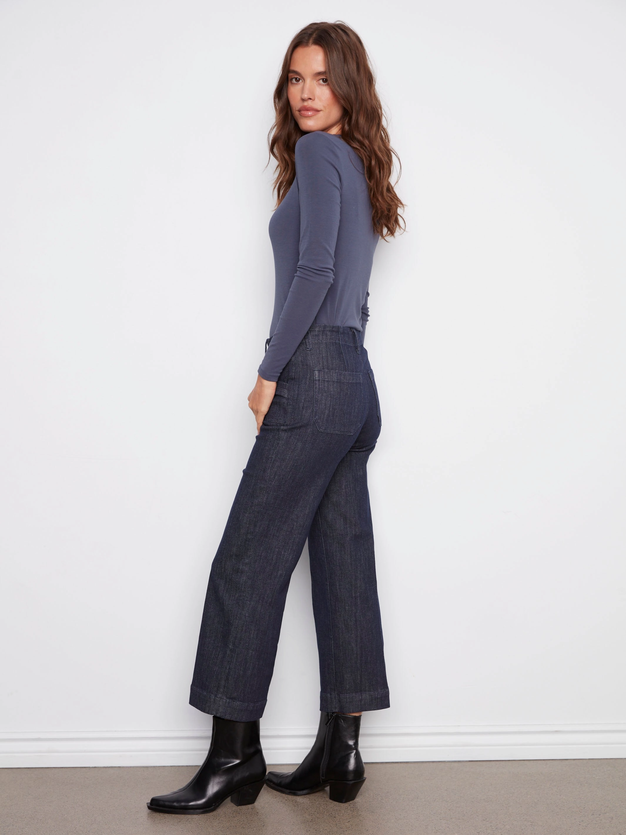 Cropped Wide Leg Stretch Jeans - Deep Blue City Walk Autumn Days Lightweight