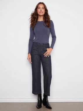 Cropped Wide Leg Stretch Jeans - Deep Blue Winter Warmth Festival Outfit Outdoor Adventure Stretch Road Trip Brunch Outfit