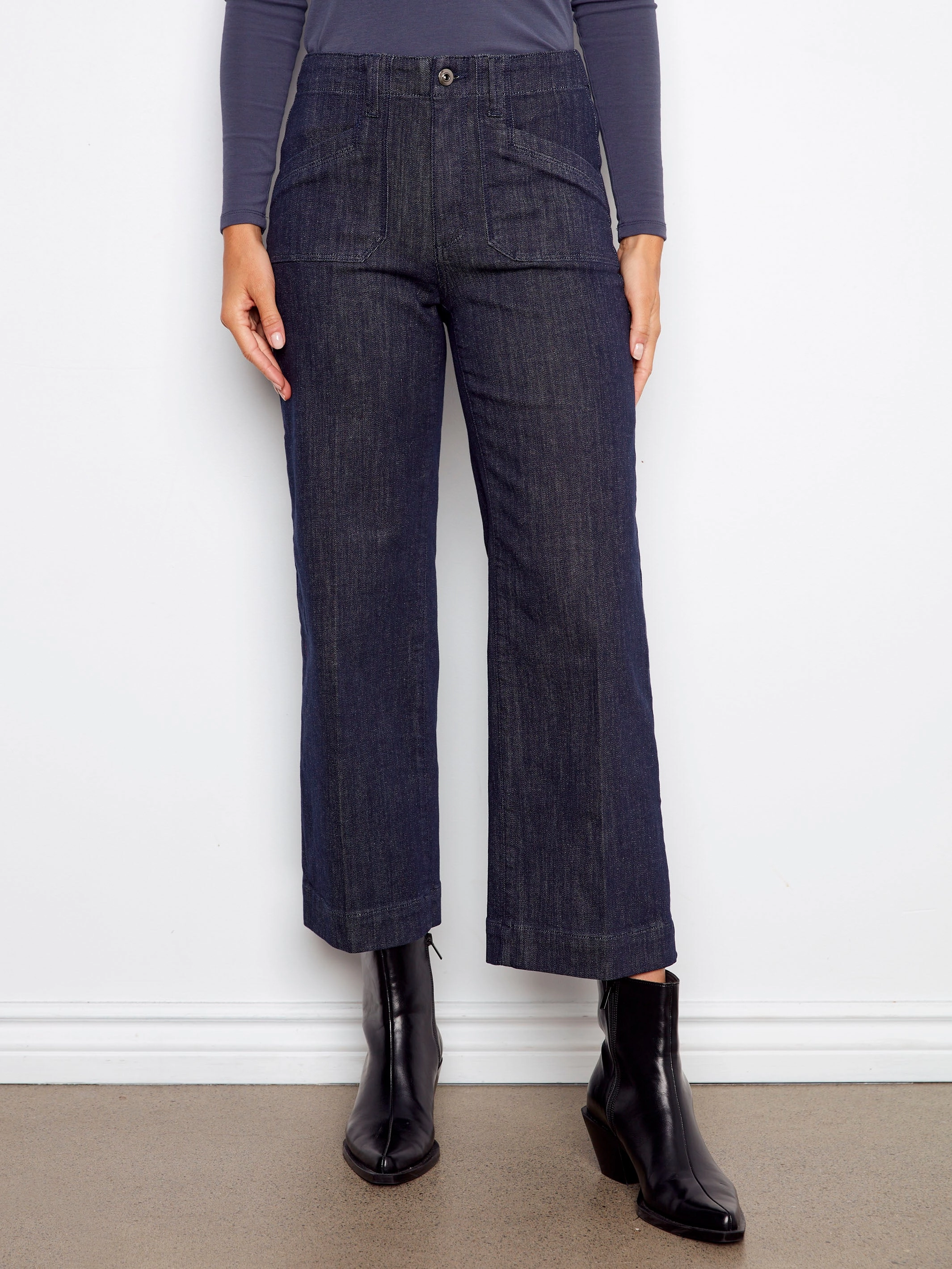 Daywear Fit Artist Vibe Work Meeting Casual Cropped Wide Leg Stretch Jeans - Deep Blue