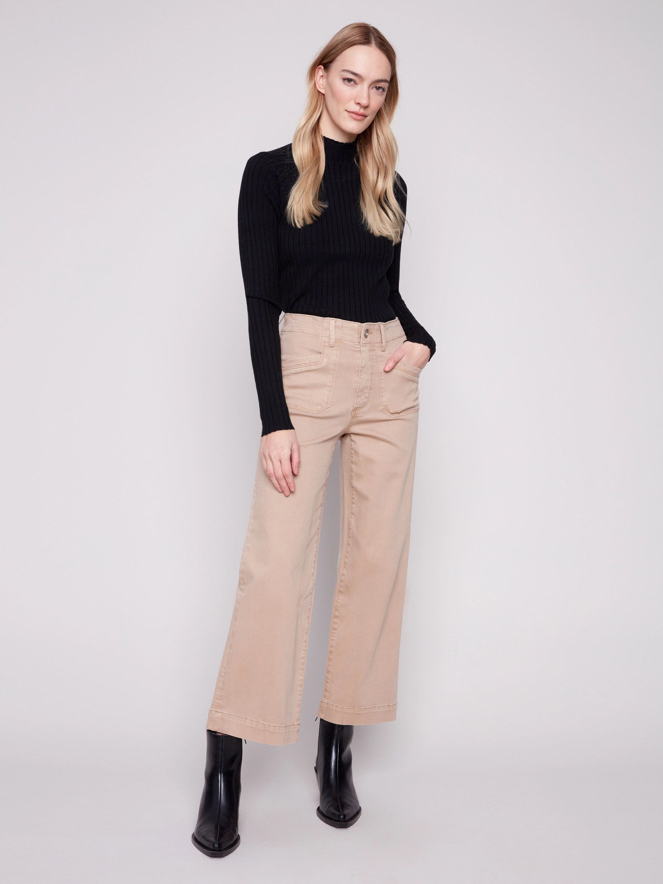 Cropped Wide Leg Stretch Twill Pants - Sesame Spring Mood Trendy Outfit Ideas