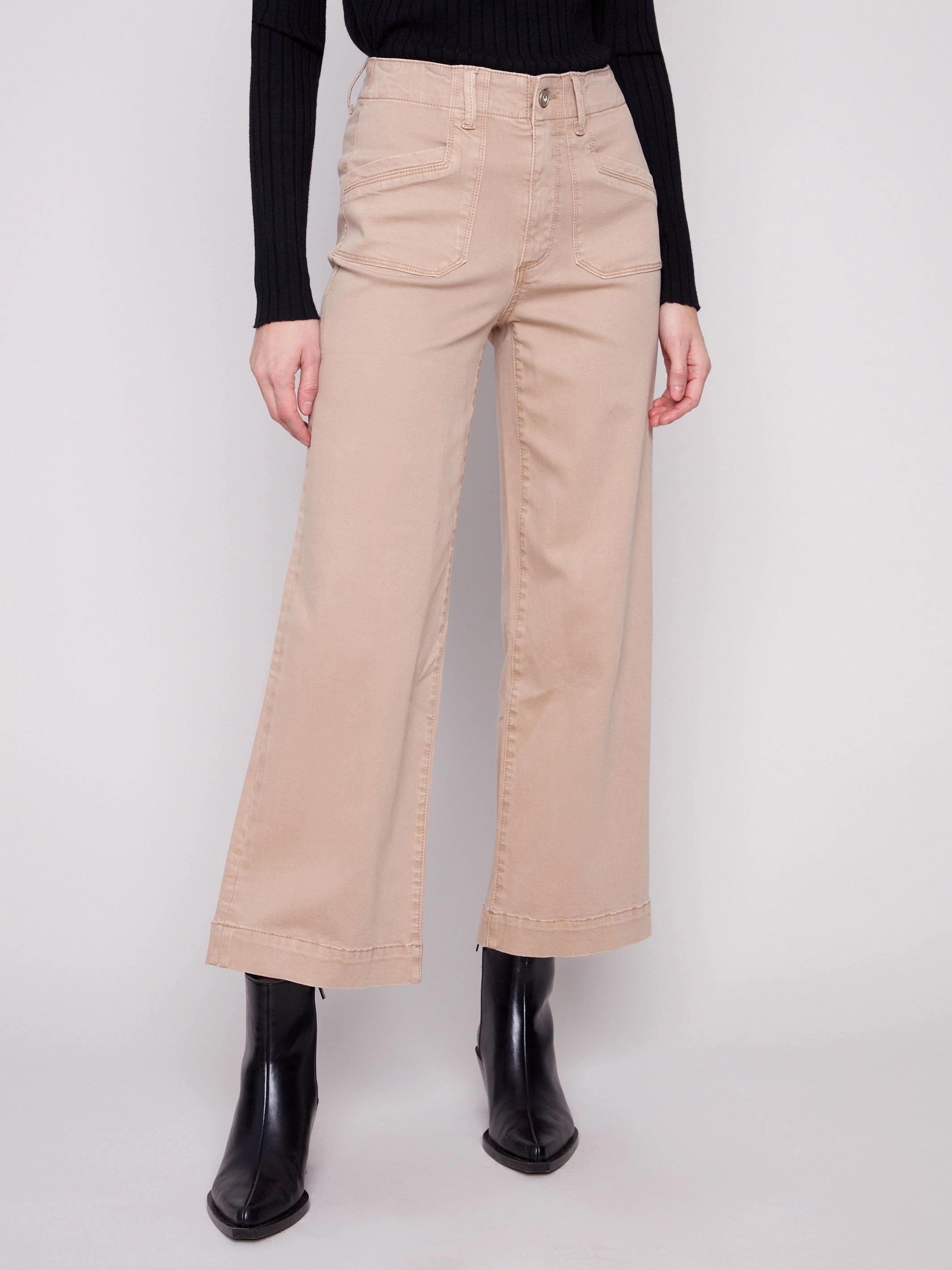 Natural Style City Walk Weekend Warrior Cropped Wide Leg Stretch Twill Pants - Sesame