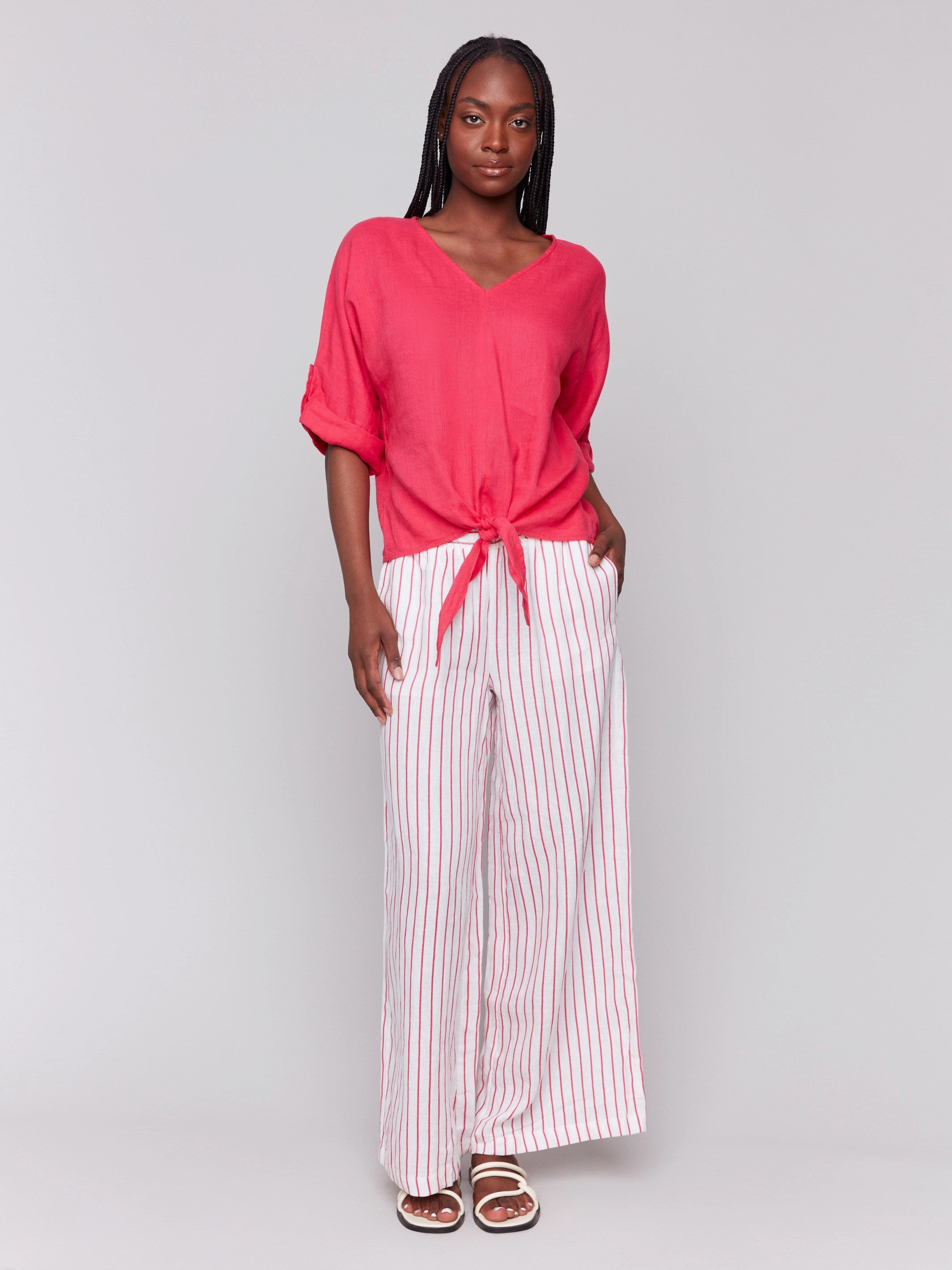 Modern Fit Linen Blend 3/4 Sleeve Top with Front Tie - Paradise