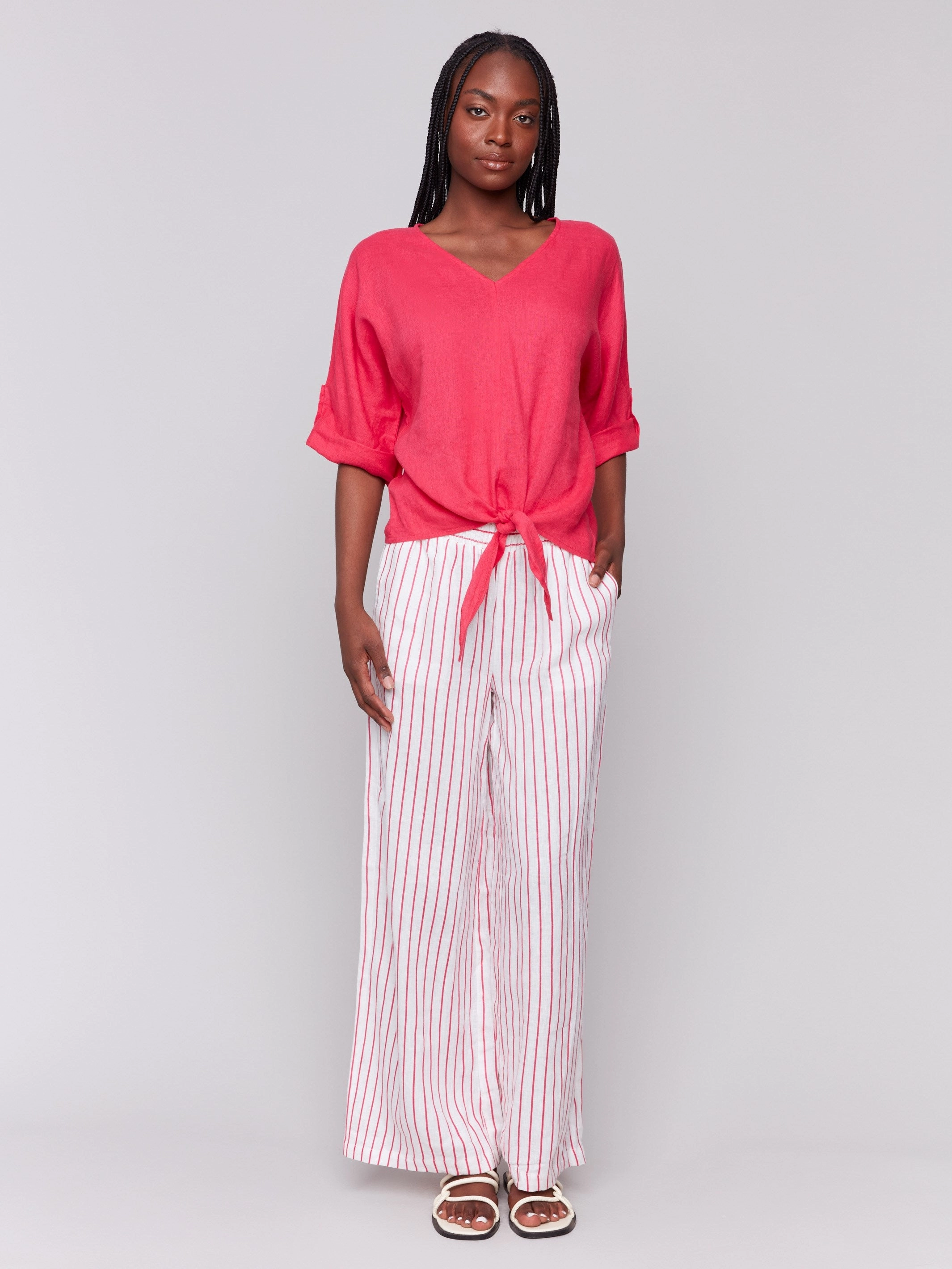 Linen Blend 3/4 Sleeve Top with Front Tie - Paradise Sleek Silhouette