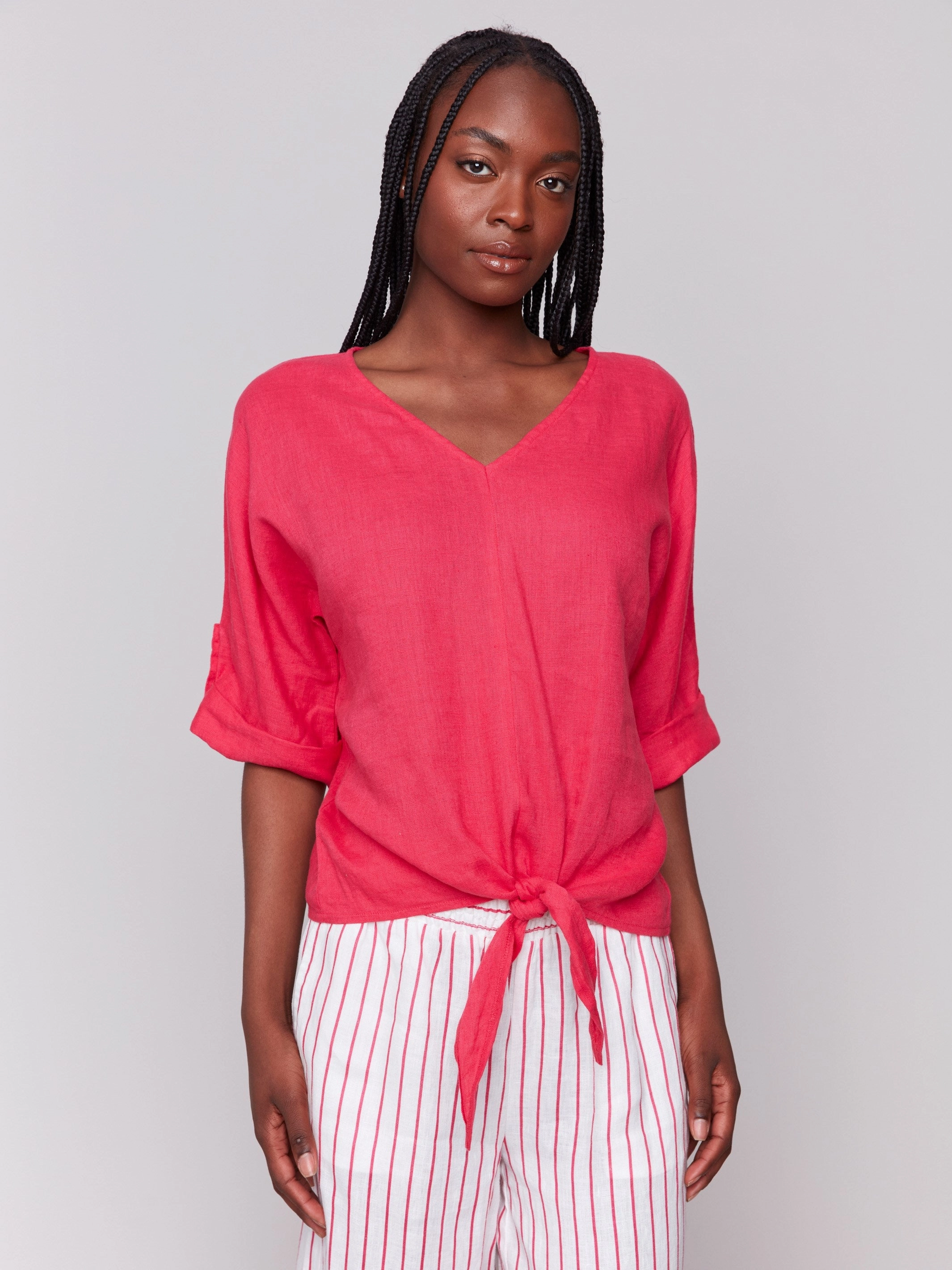 Unisex style Linen Blend 3/4 Sleeve Top with Front Tie - Paradise