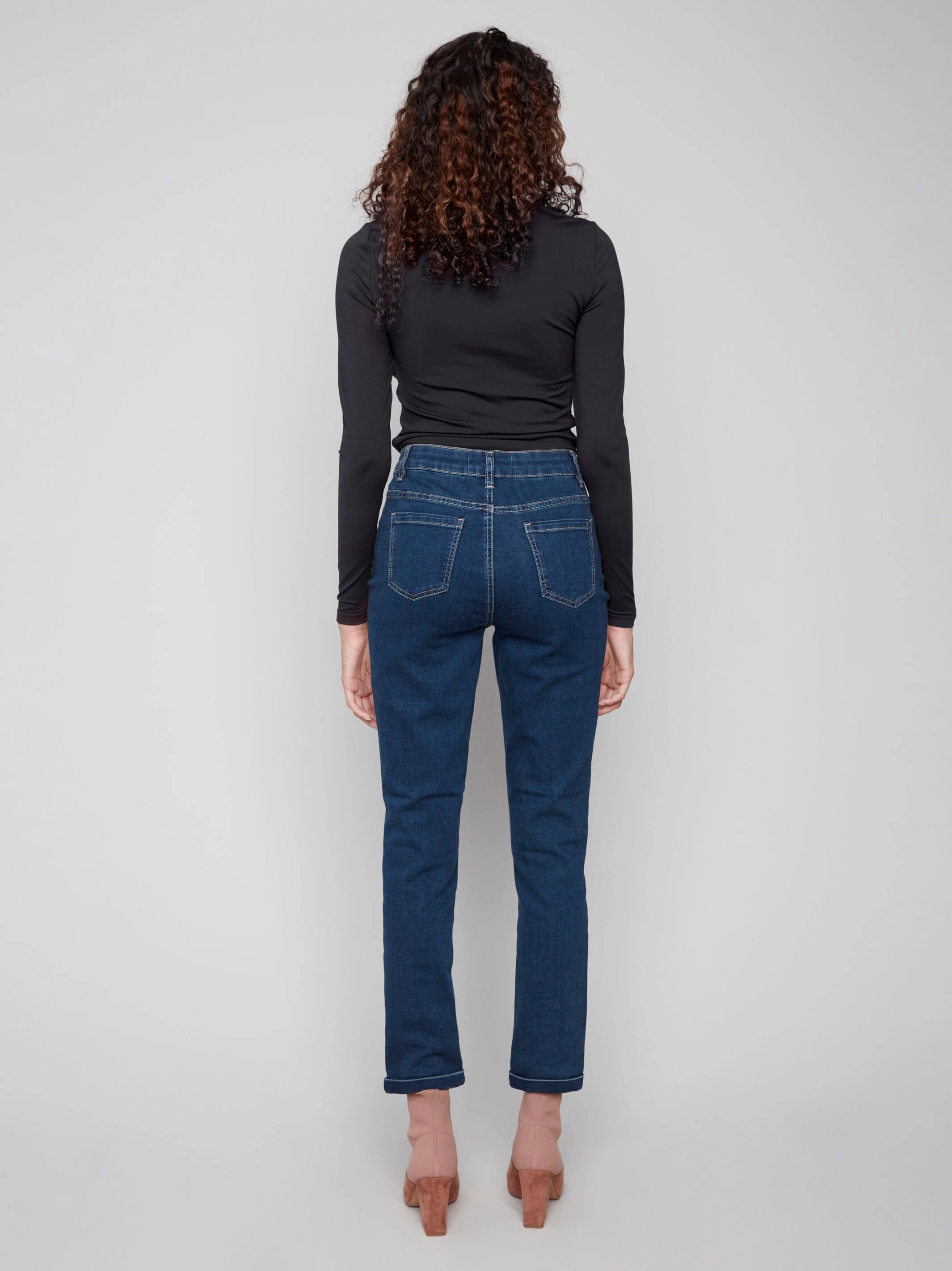 Cuffed Hem Jeans - Dark Blue Style Simplicity