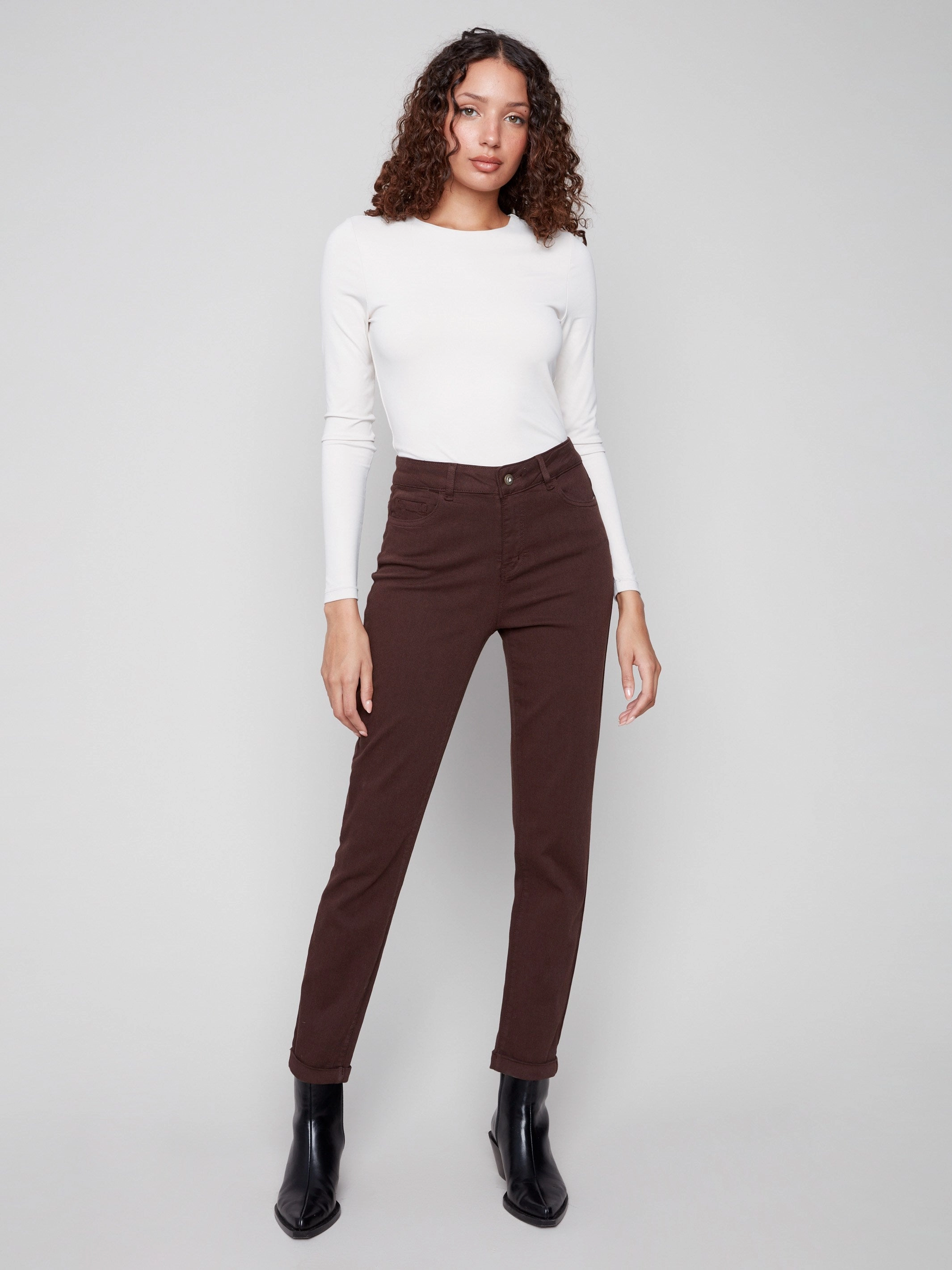 Style Neutral Cuffed Hem Twill Jeans - Mocha