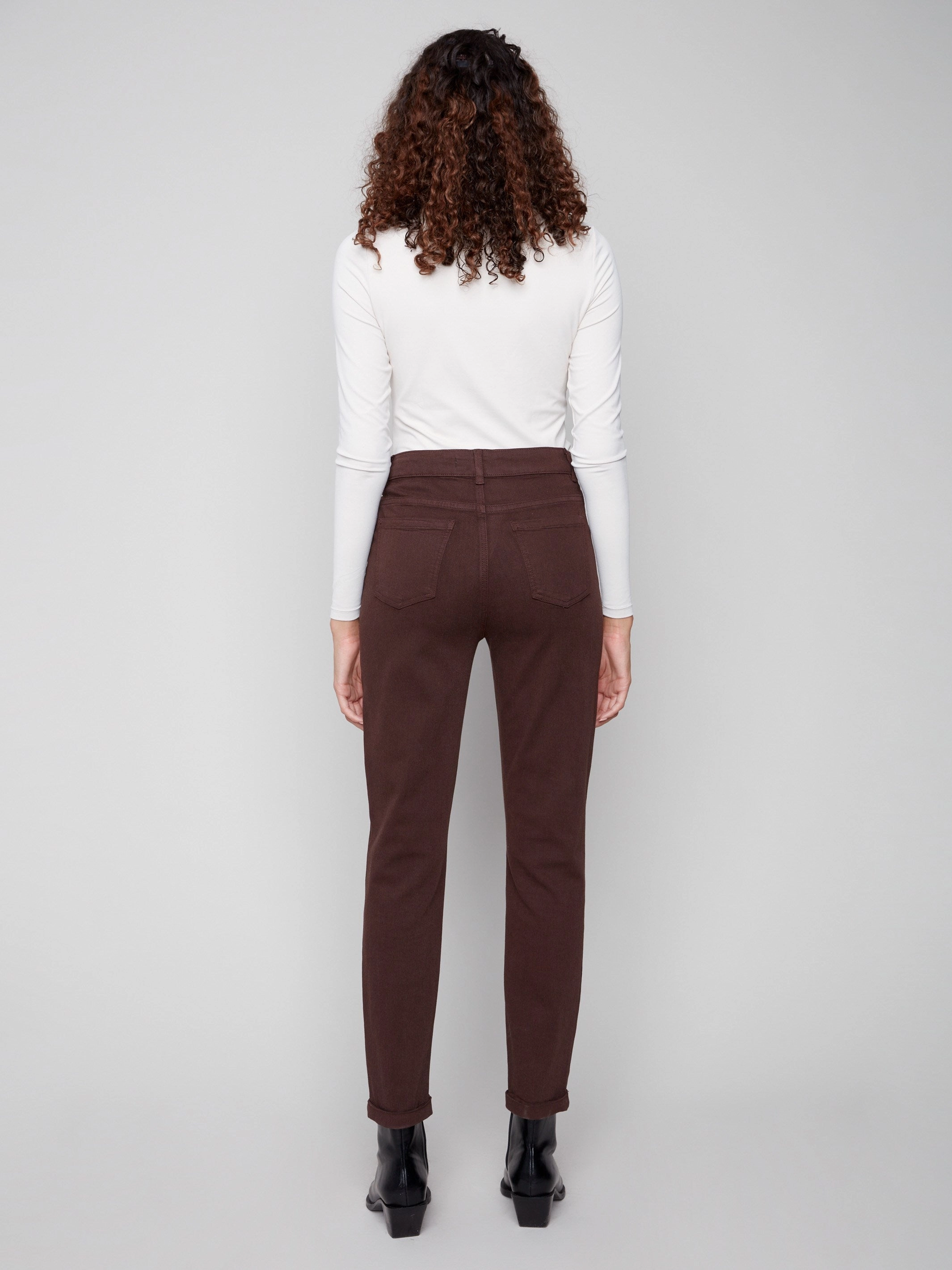 Quick Outfit Cuffed Hem Twill Jeans - Mocha