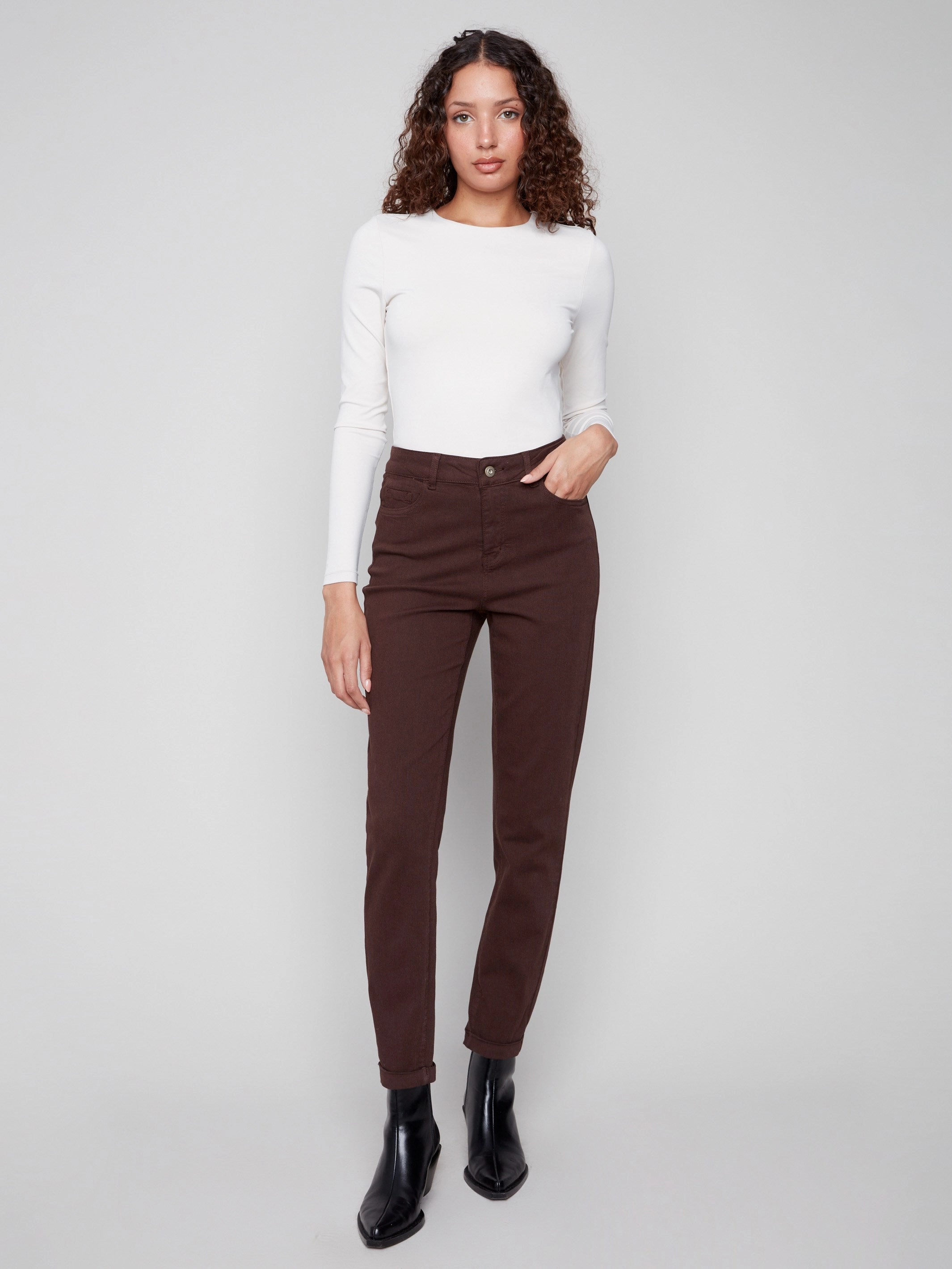 Daily Wear Summer Vibes Music Event Cuffed Hem Twill Jeans - Mocha