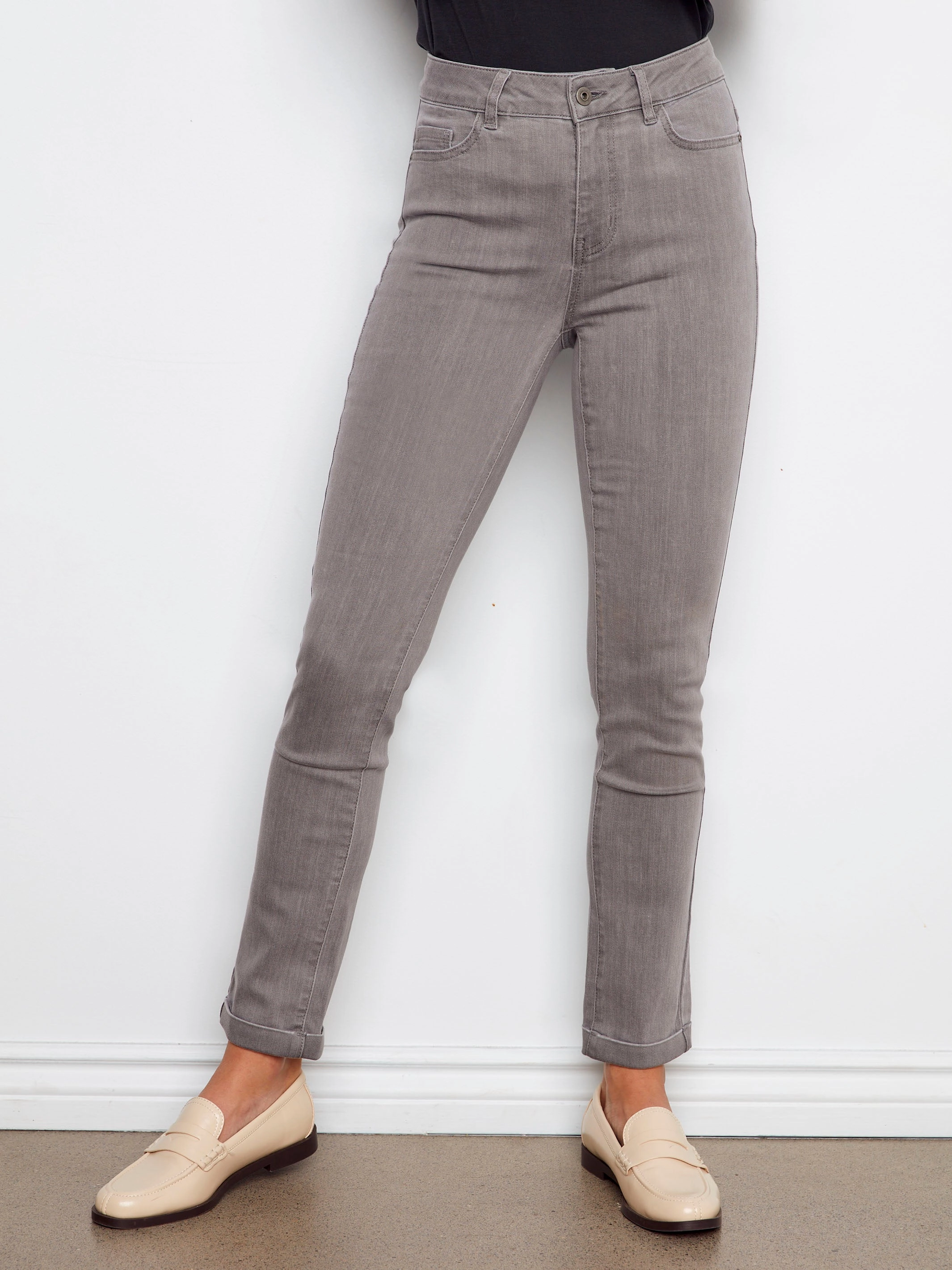 Simple Utility Cuffed Hem Twill Jeans - Smoke Grey