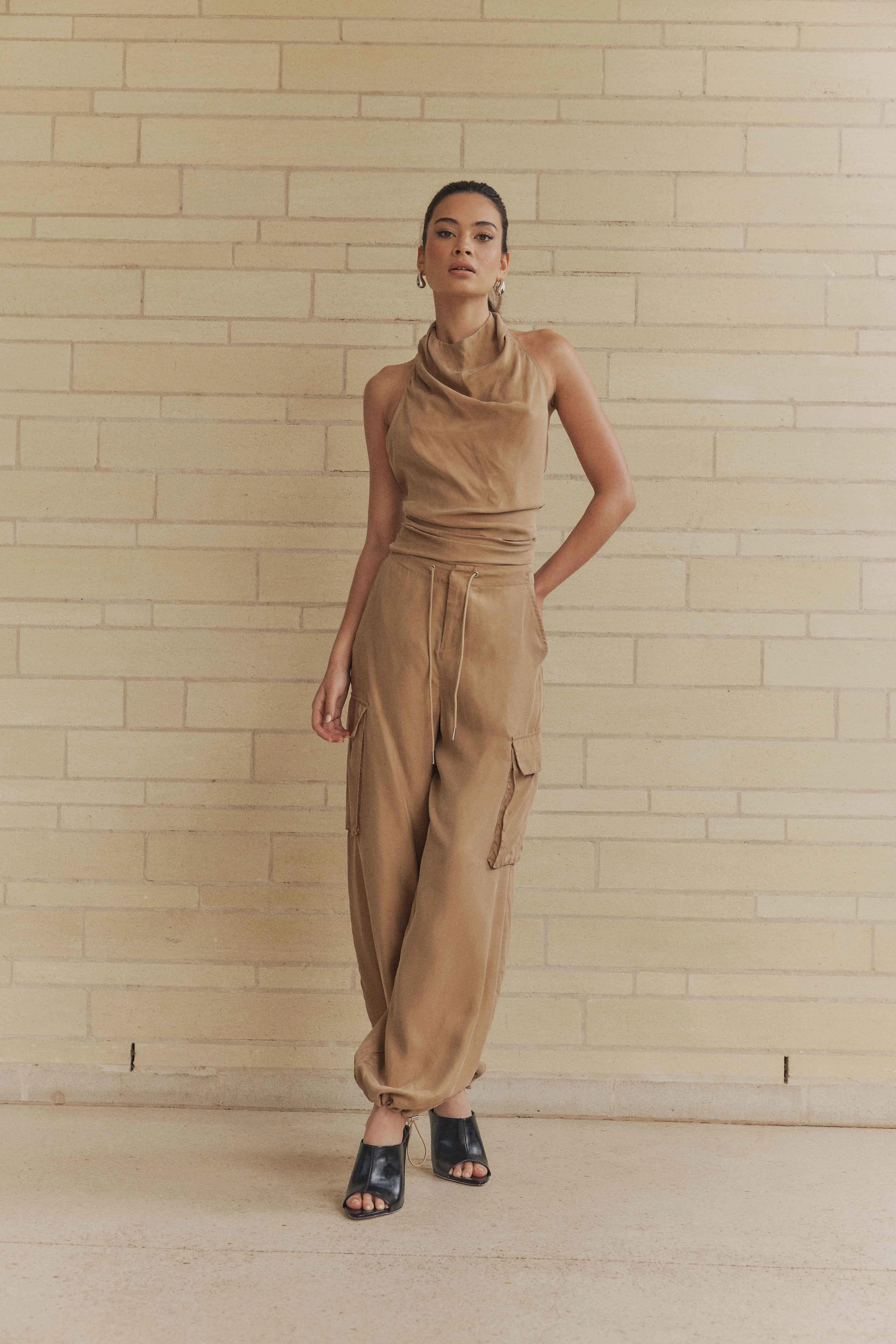 Workwear Comfort CURAAE Amber Tie Back Halter Cowl Neck Top in Beige