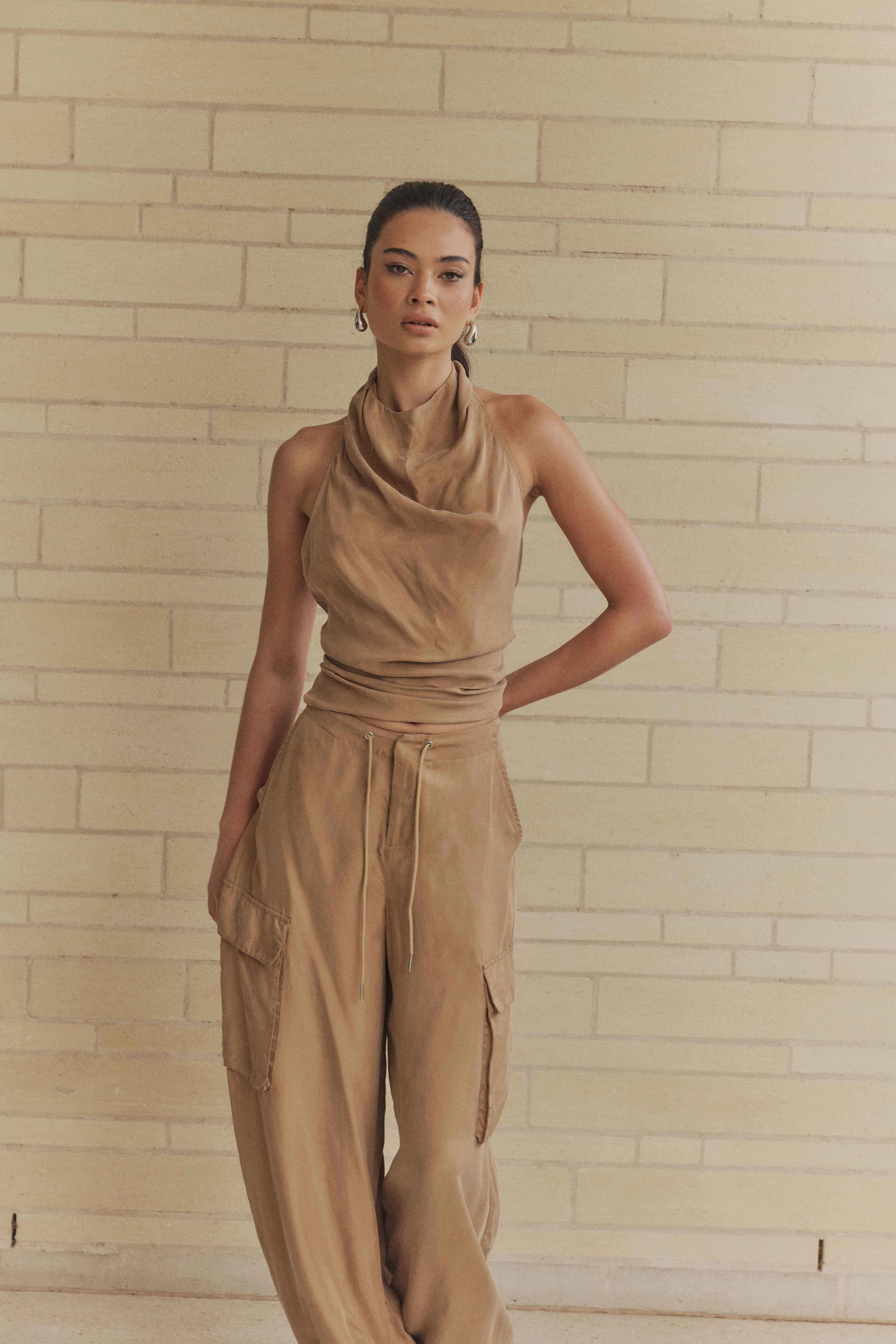 CURAAE Amber Tie Back Halter Cowl Neck Top in Beige Night Style