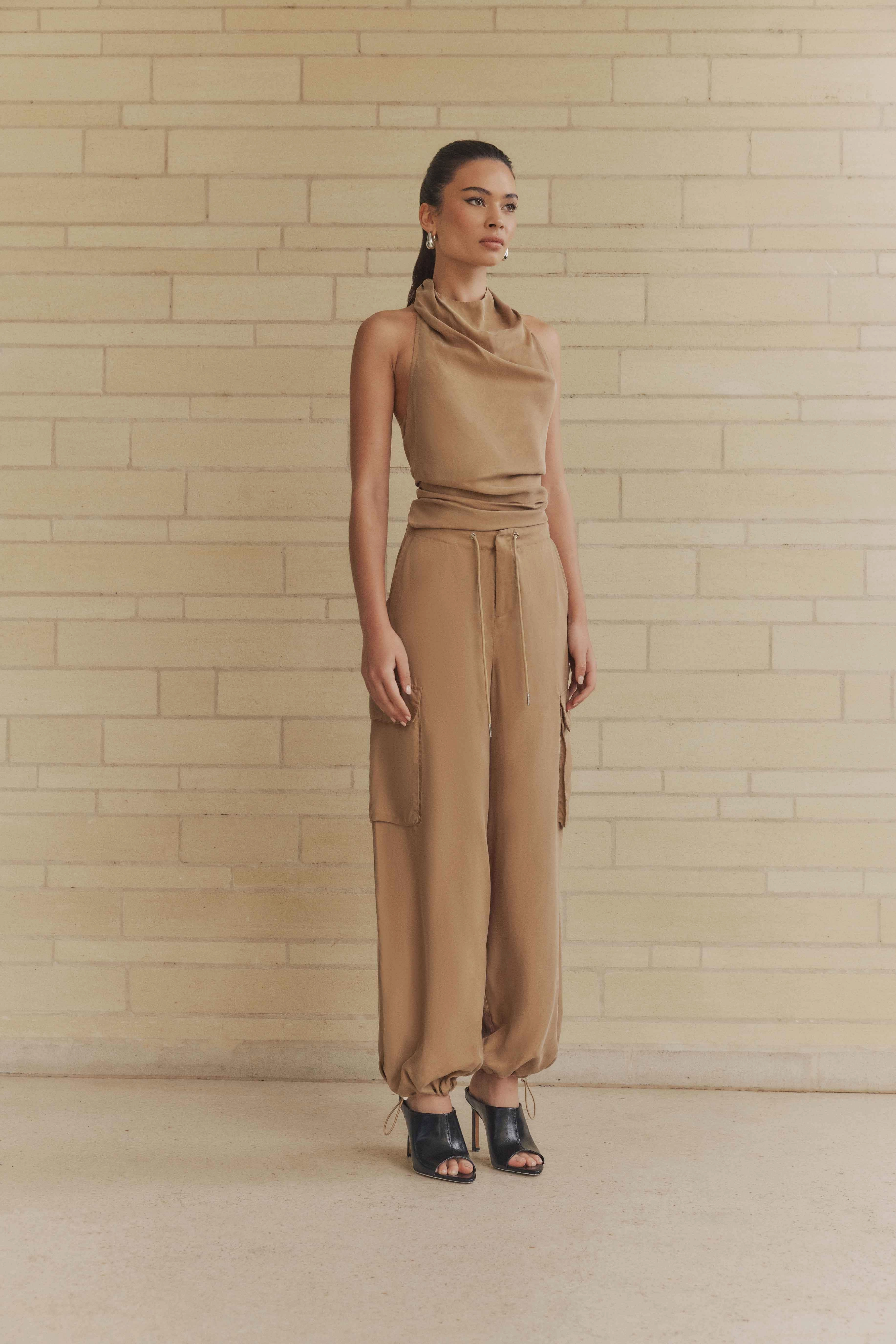 CURAAE Amber Tie Back Halter Cowl Neck Top in Beige Smart Waist Design