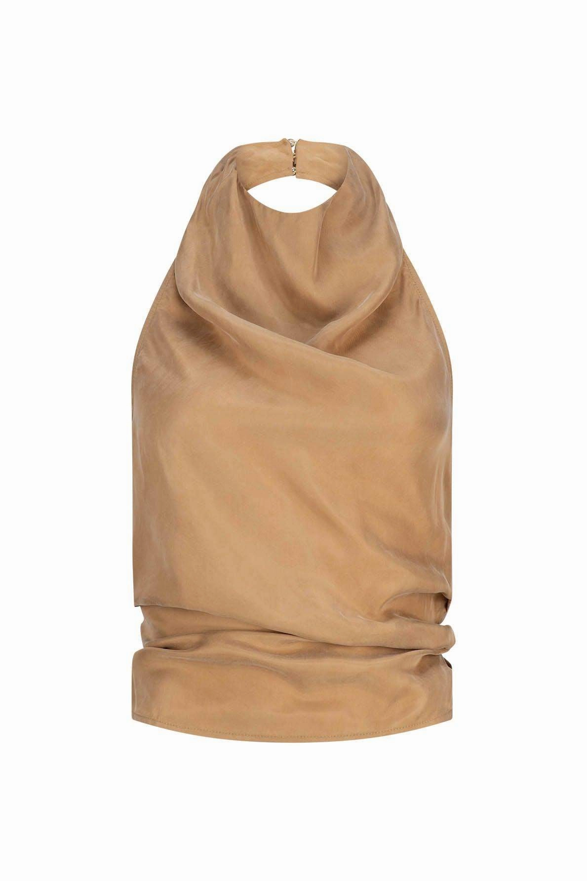 CURAAE Amber Tie Back Halter Cowl Neck Top in Beige Functional Fit Versatile occasion dress