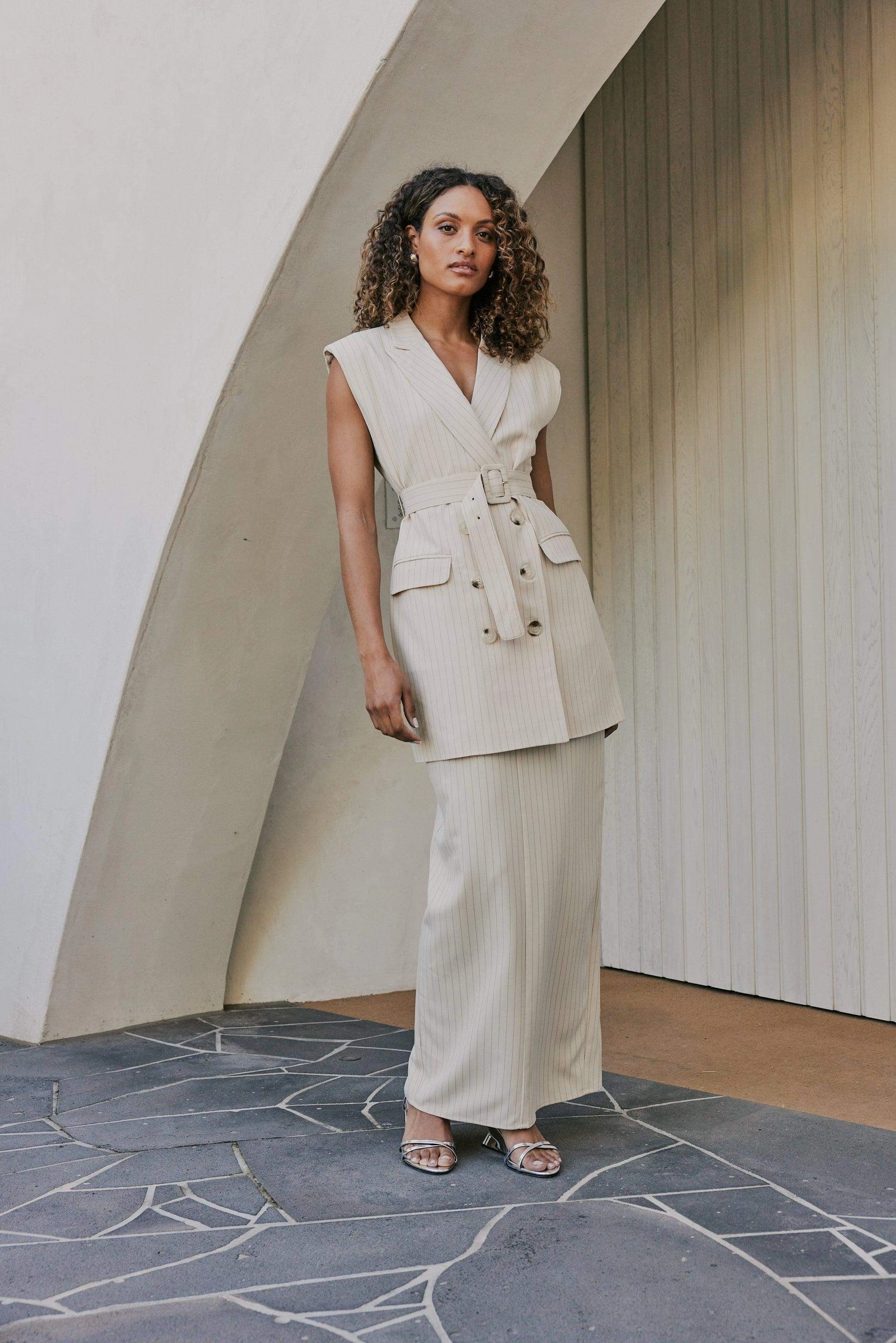 CURAAE Aveline Pinstripe Maxi Skirt In Beige Formal Look Chic Waistband