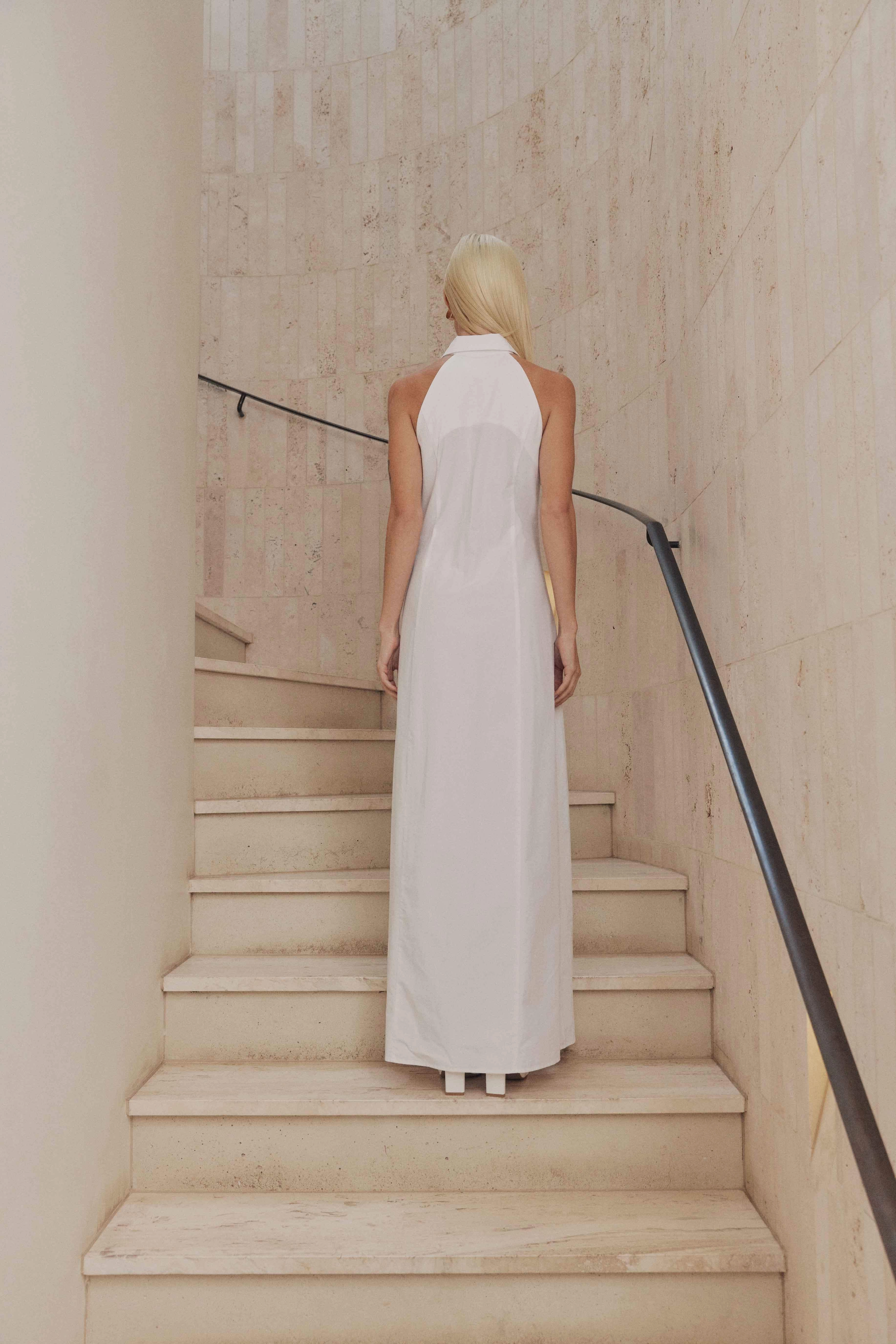 CURAAE Chelsea Sleeveless Maxi Dress in White Subtle tone Bare Arm