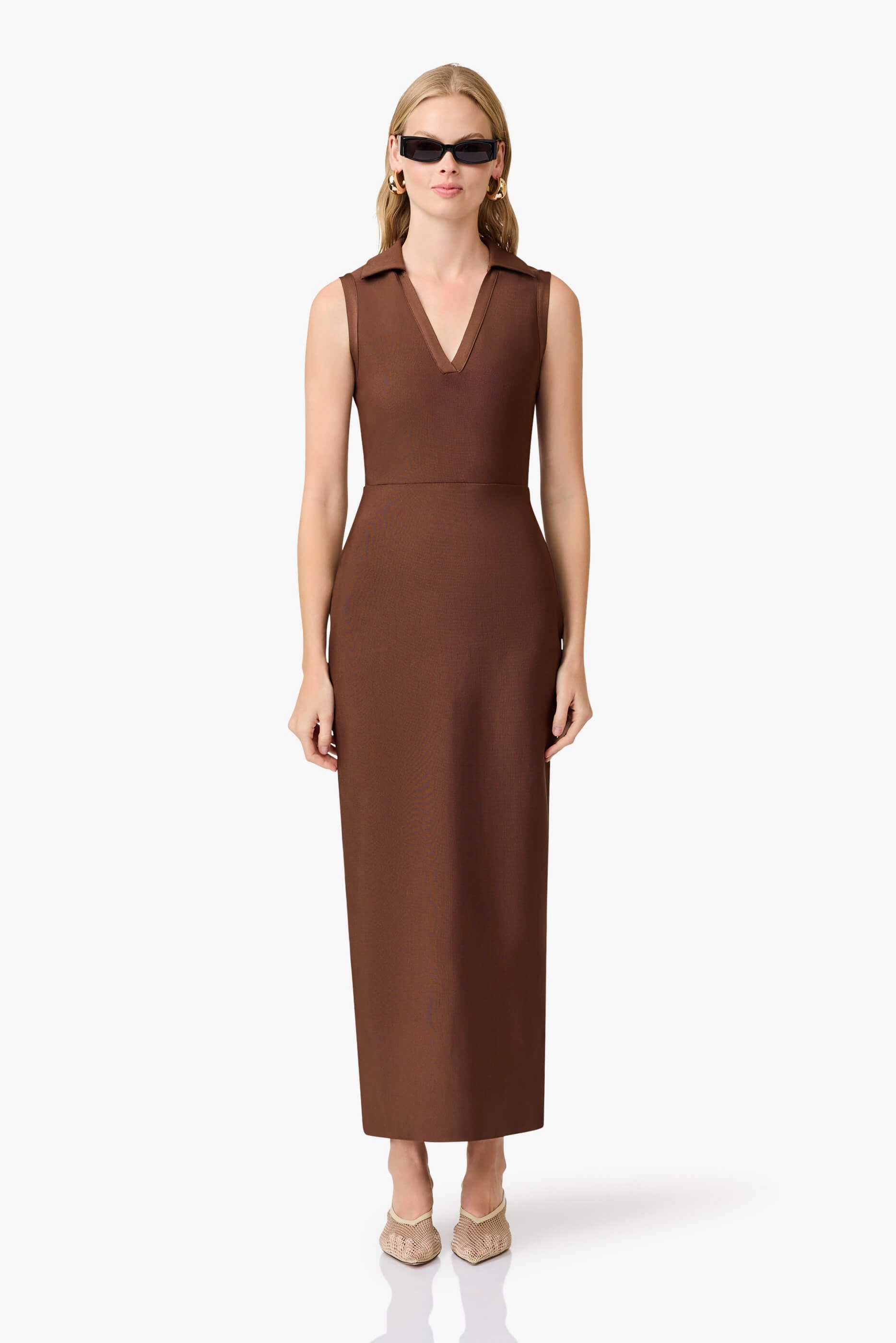 Functional Style Natural Style CURAAE Khloe Crepe Knit Midi Dress in Brown