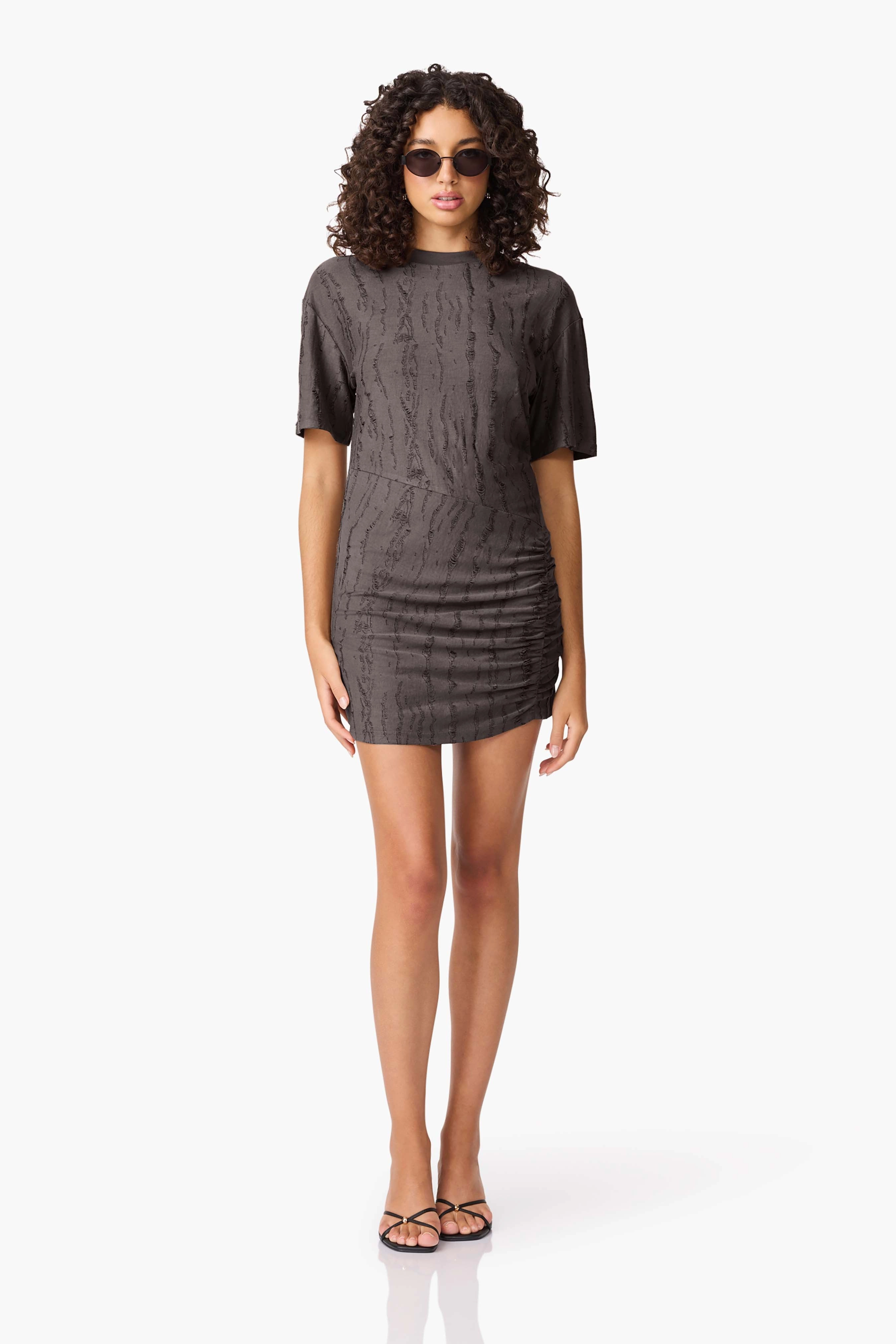 CURAAE Lavania Short Sleeve Mini Dress in Grey Detachable-Detail Happy Scent