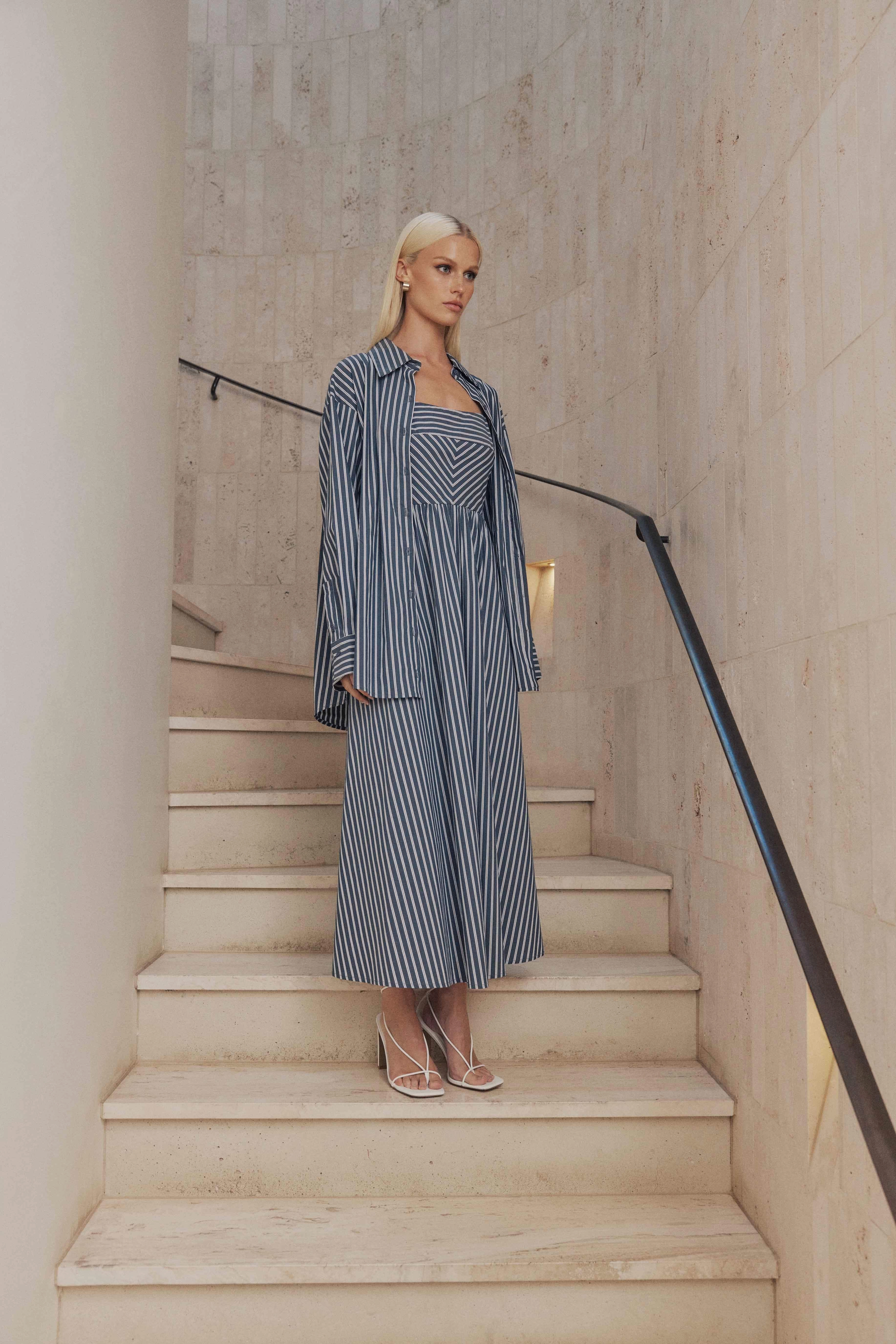 CURAAE Perry Oversized Button up Shirt in Navy Stripe Silk Flow