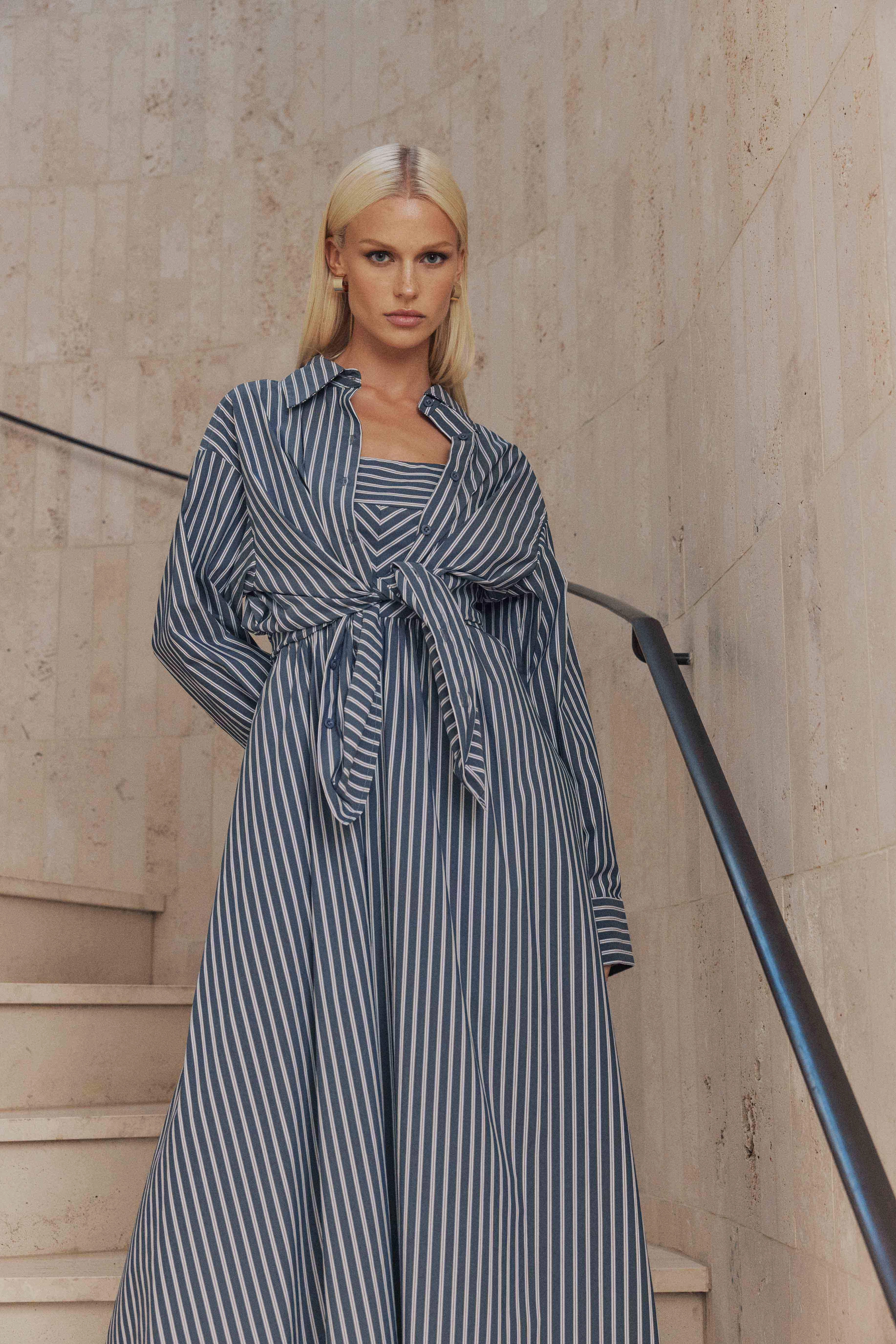 Soft Layers CURAAE Perry Oversized Button up Shirt in Navy Stripe