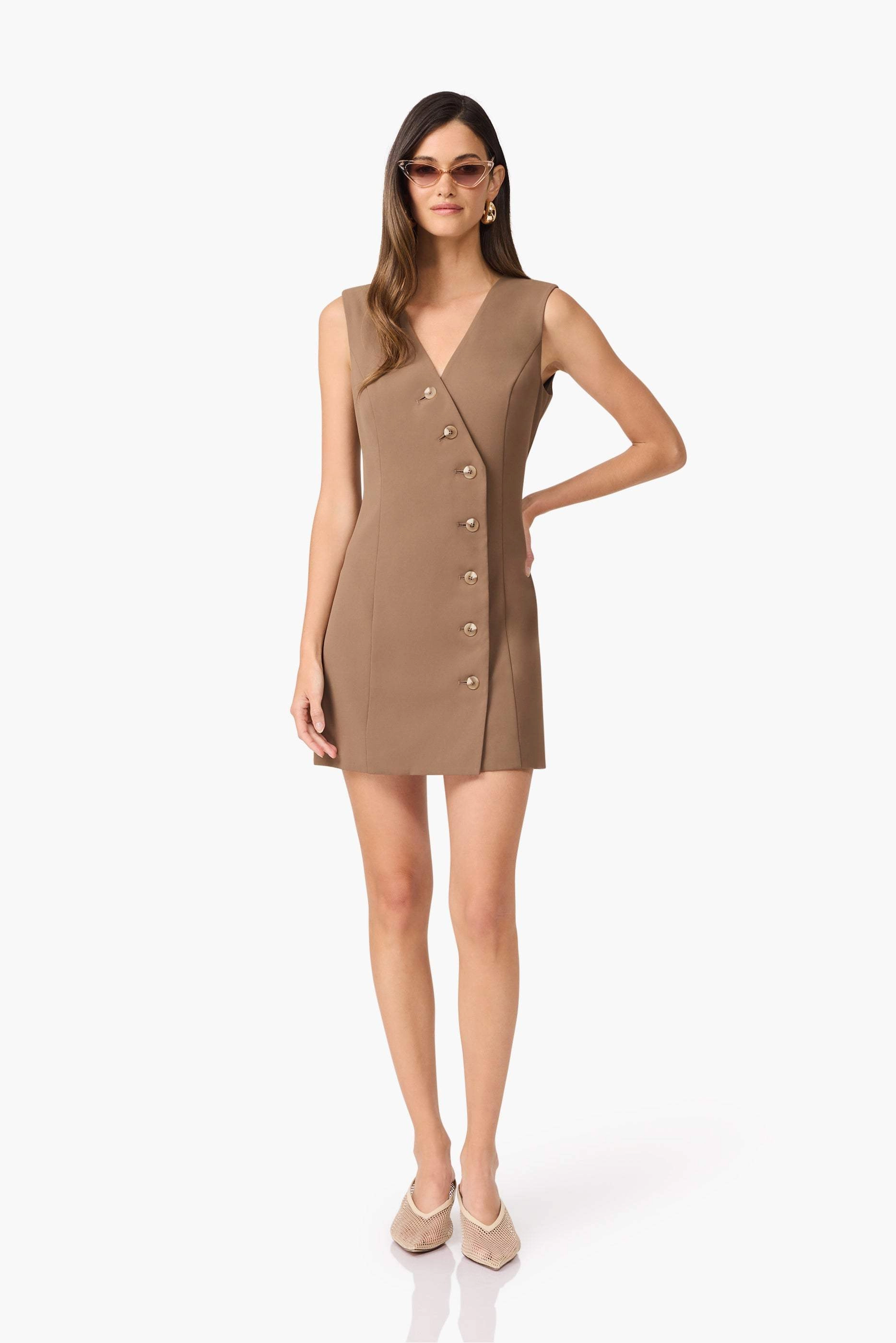 Tonal-Stitching Vibrant color dress CURAAE Sandy Suit Mini Dress In Brown