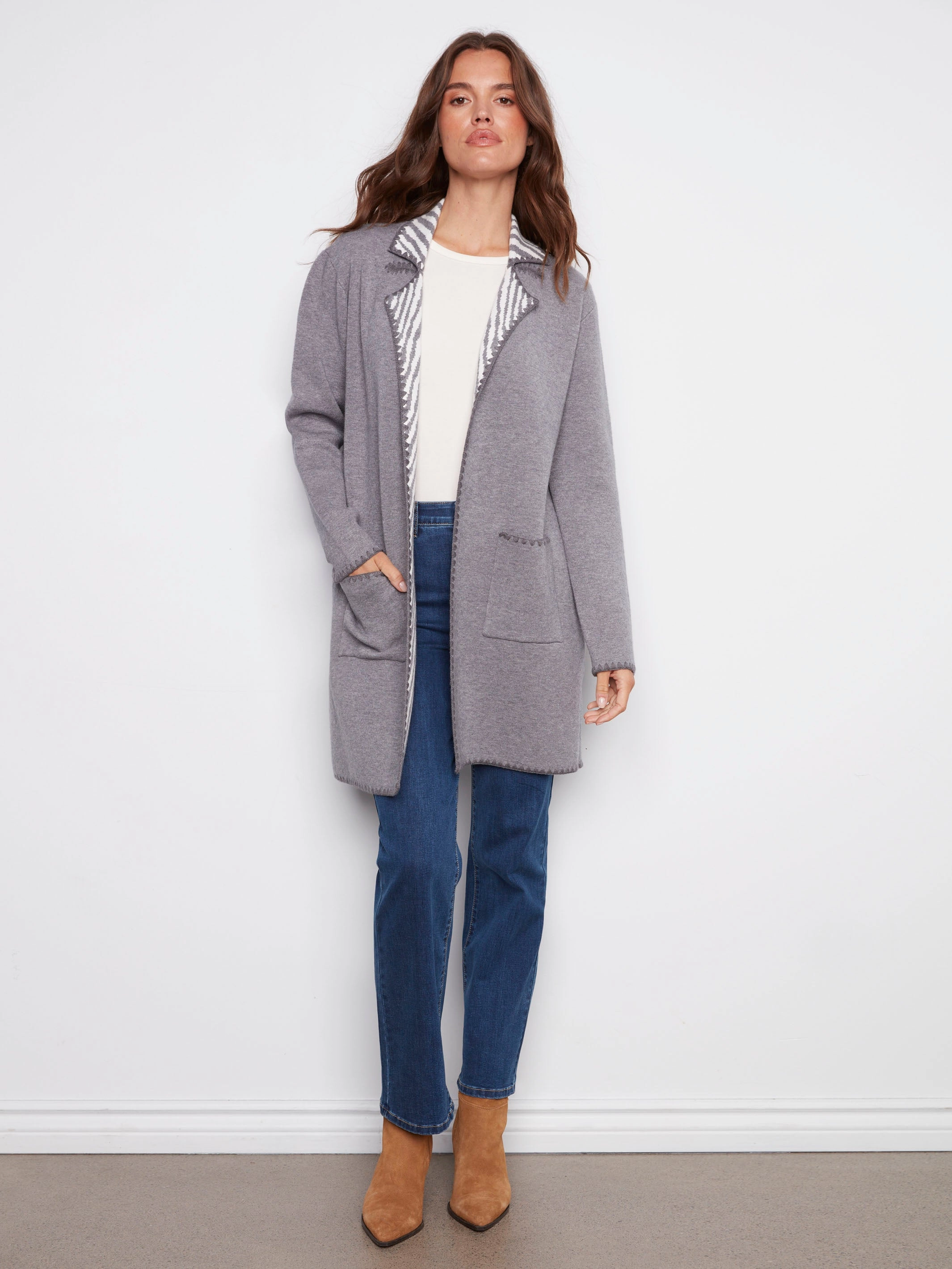Blanket Stitch Long Cardigan - Heather Grey Curvy