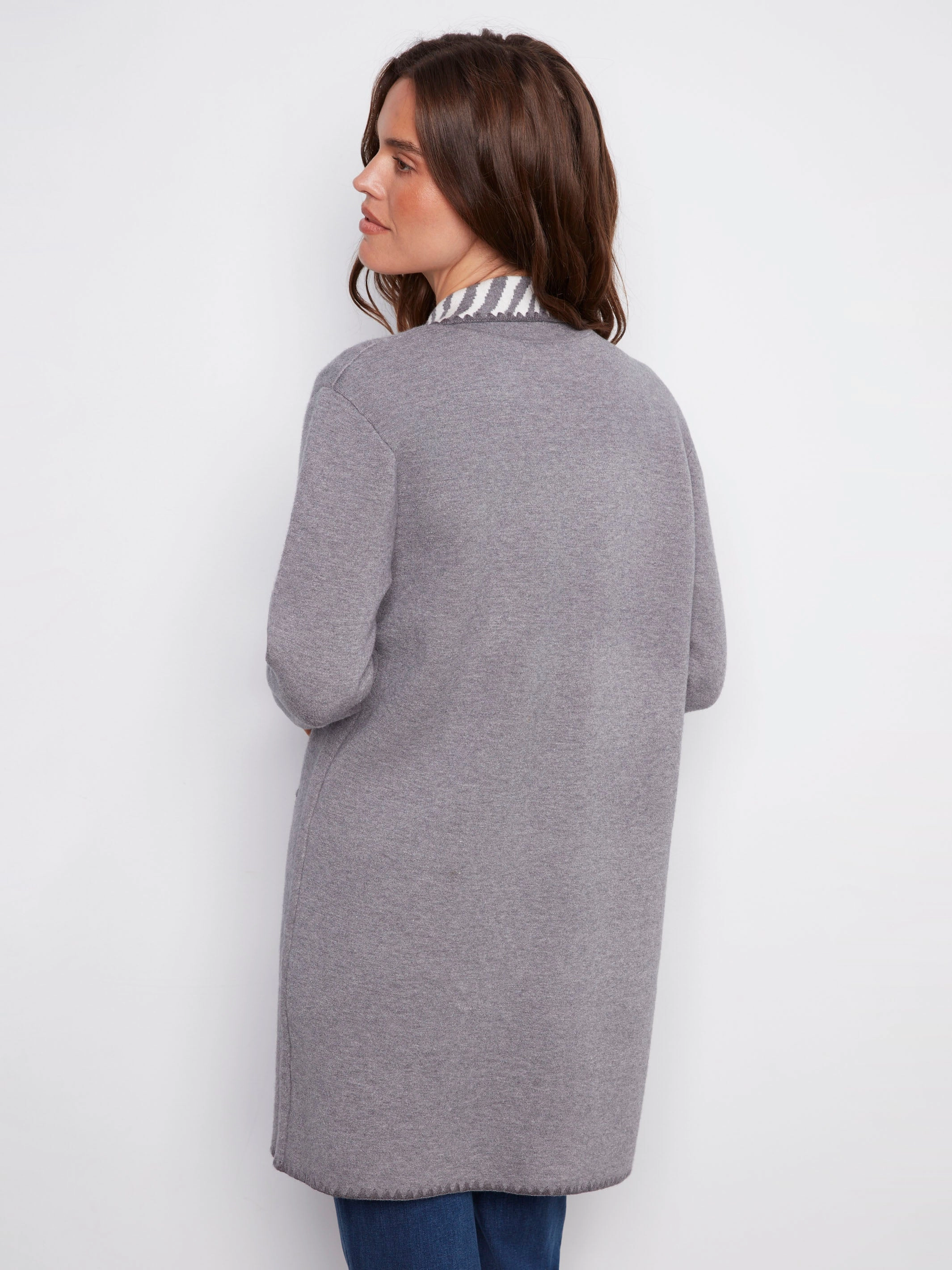 Blanket Stitch Long Cardigan - Heather Grey Desert oasis