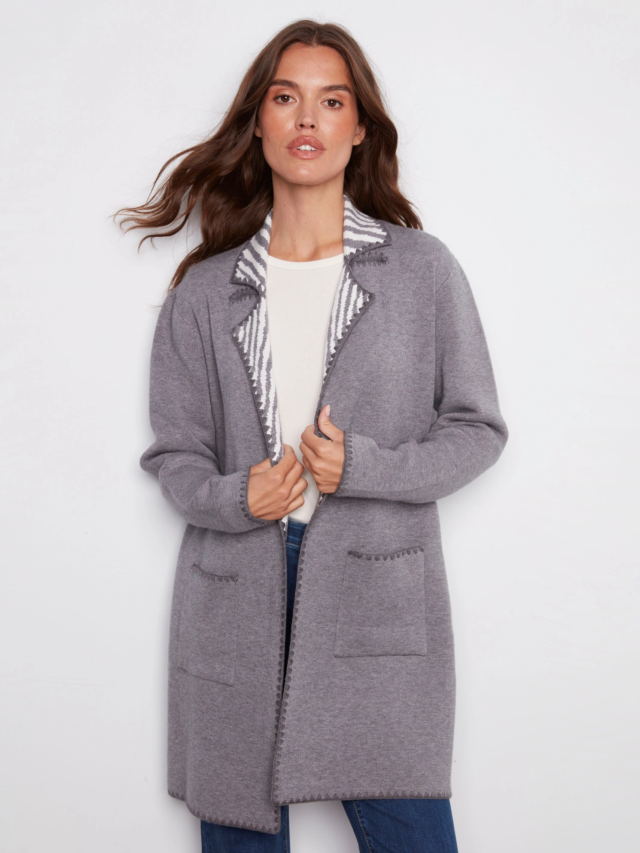 V neck Blanket Stitch Long Cardigan - Heather Grey
