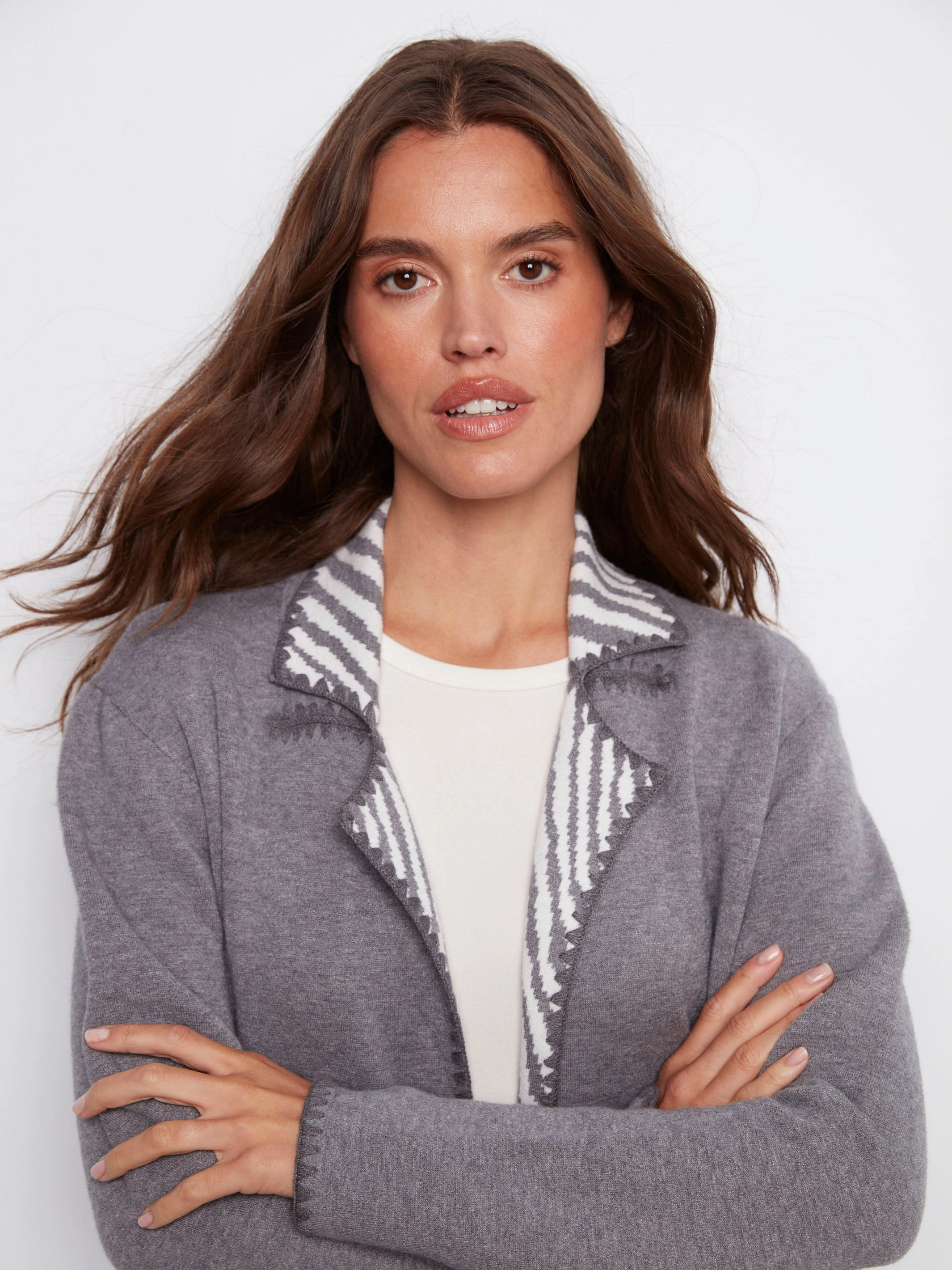 Buckled Island area Blanket Stitch Long Cardigan - Heather Grey