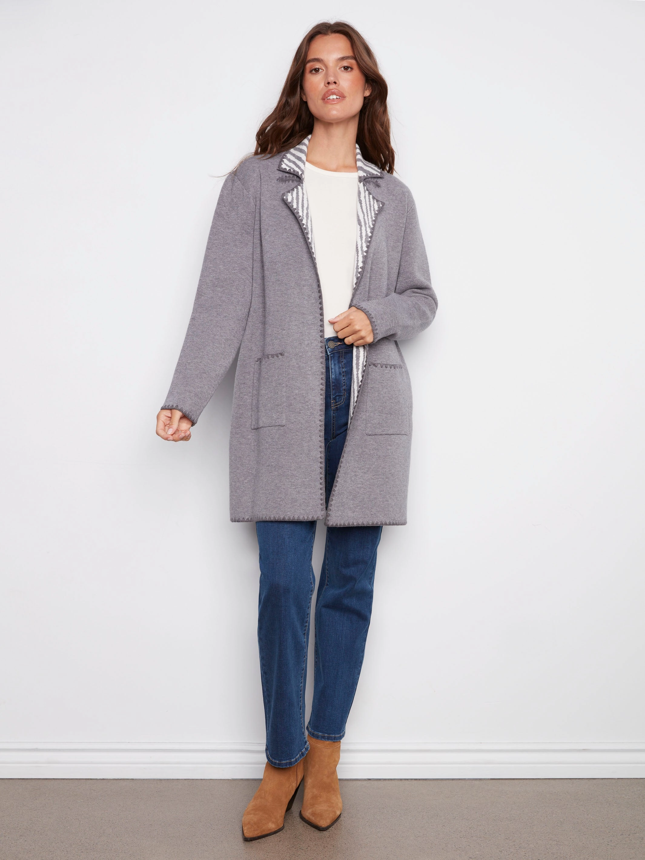 Blanket Stitch Long Cardigan - Heather Grey anniversary