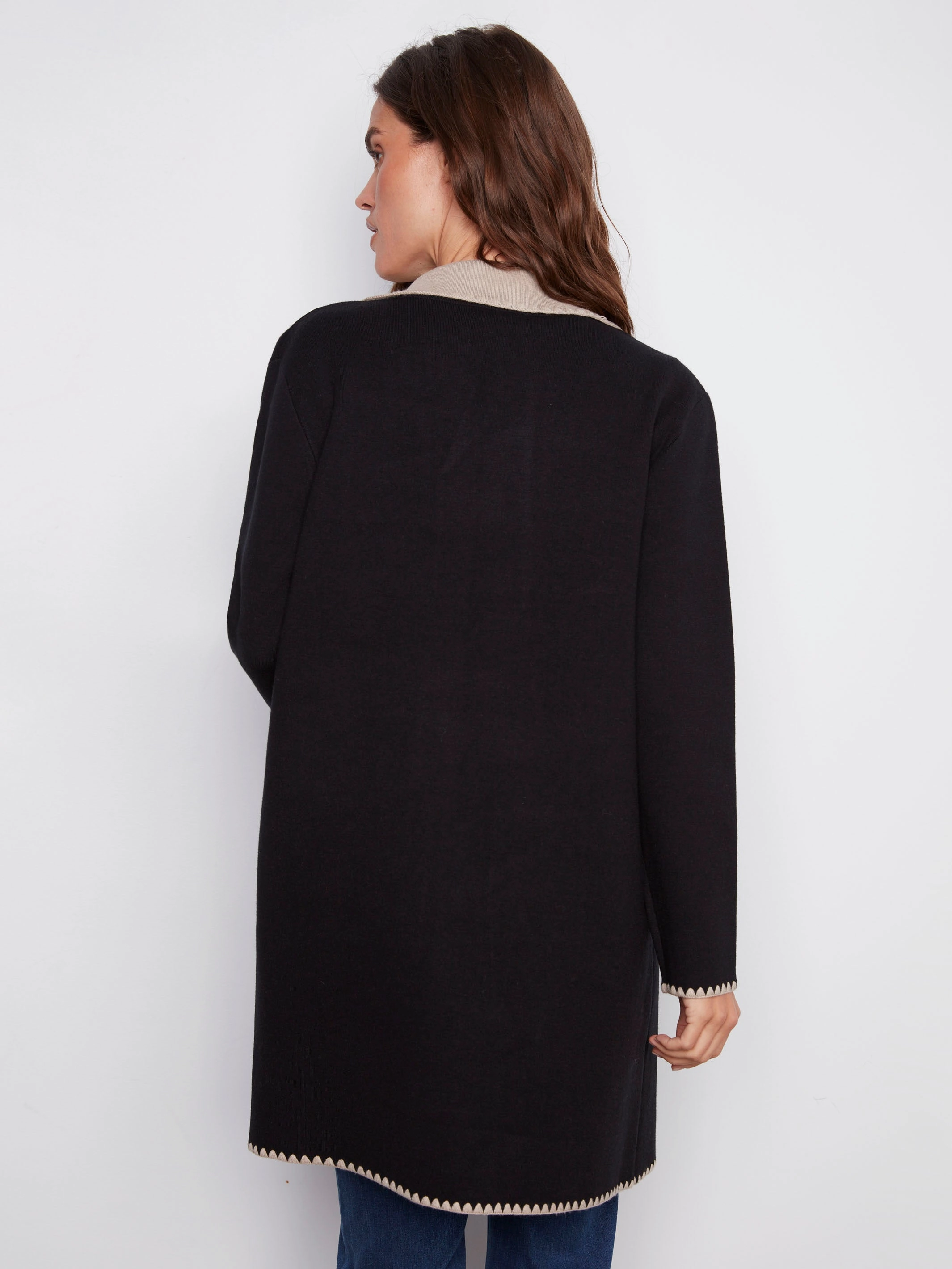 Sculpture Businesswoman Blanket Stitch Long Cardigan - Black