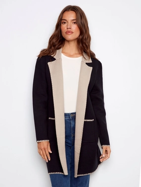 Cuffed Blanket Stitch Long Cardigan - Black
