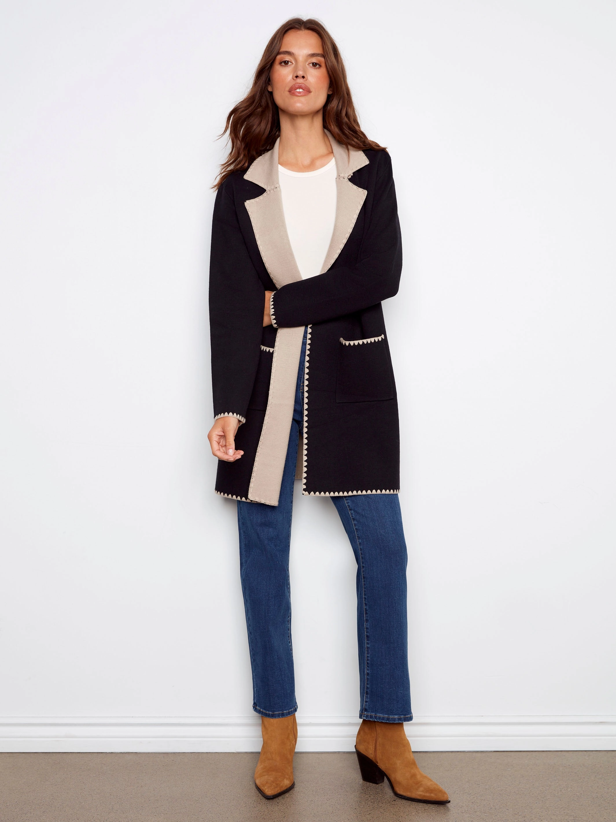 Blanket Stitch Long Cardigan - Black Tropical region