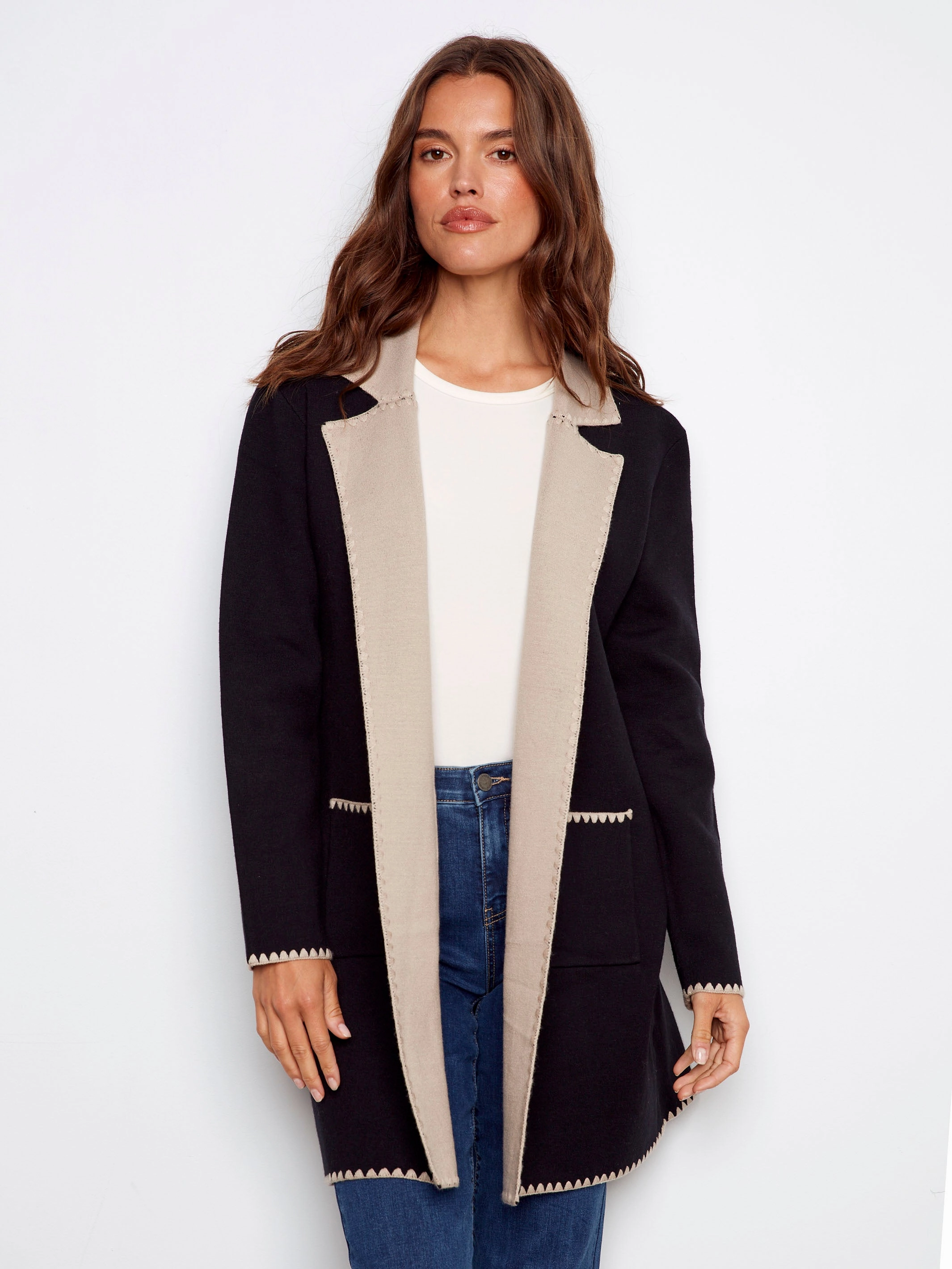 Cuffed Blanket Stitch Long Cardigan - Black
