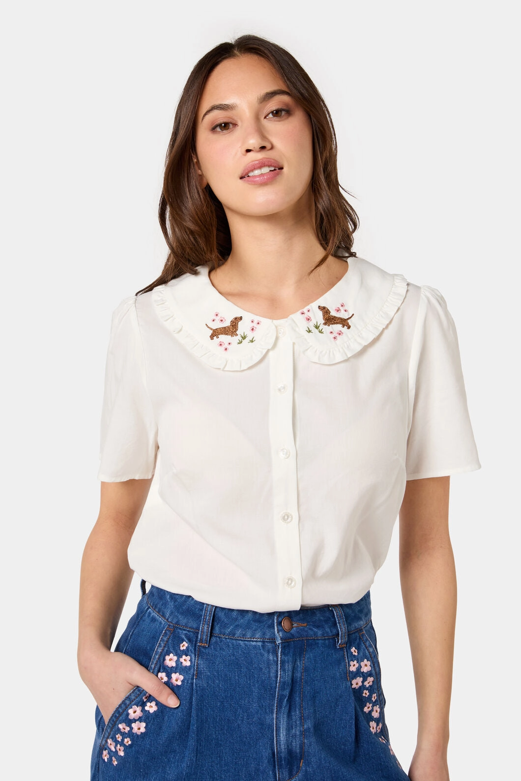 SheerLayering Cute Dogs Embroidered Blouse