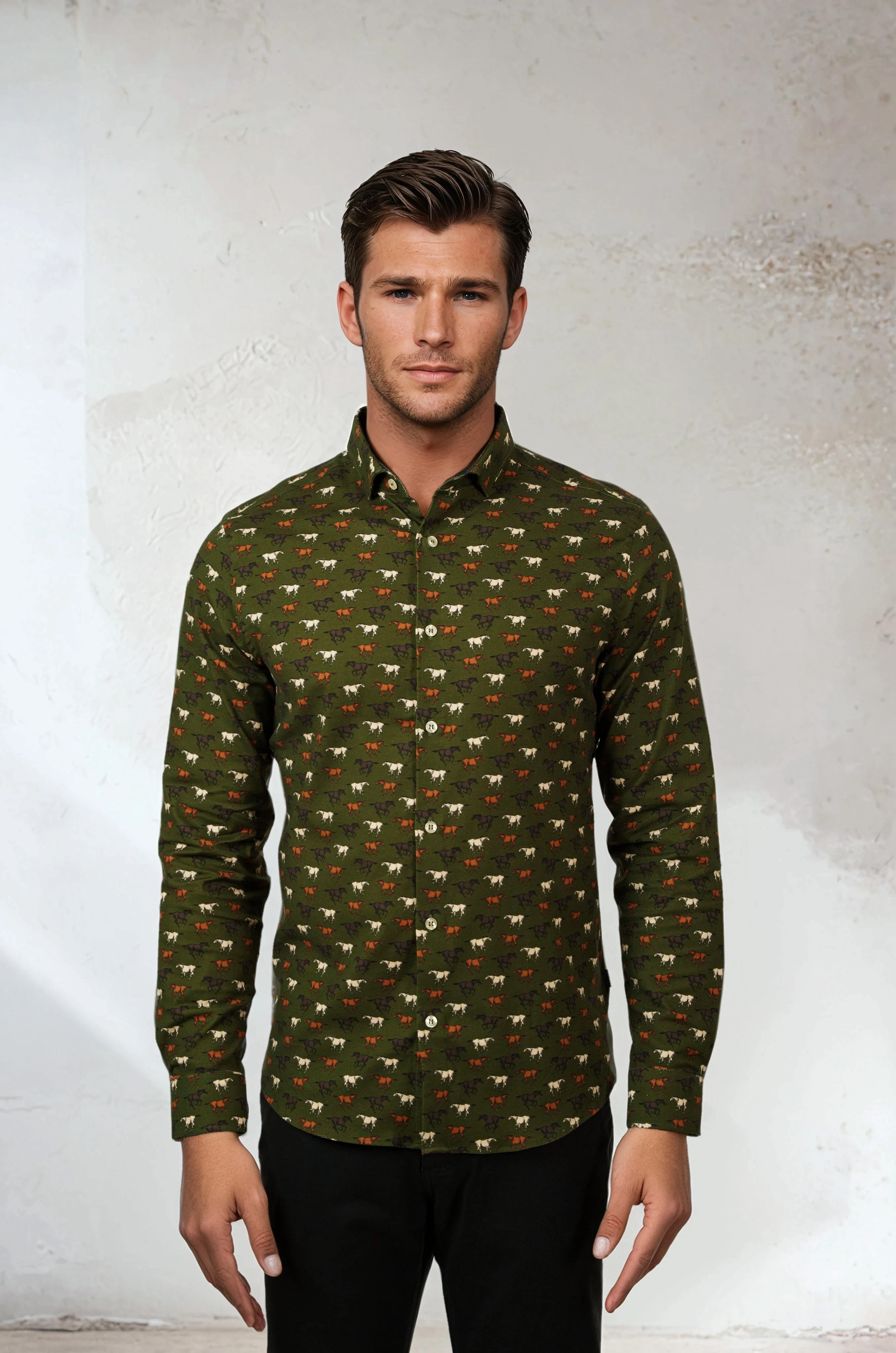Stretch Woven Material Sporty Design WILD STALLIONS LONG SLEEVE SHIRT