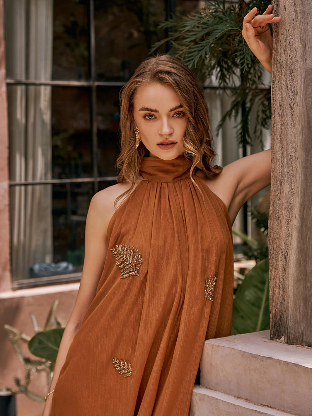 Date Palm Hand Embroidered Jumpsuit Bell-Sleeve Weekend Edge