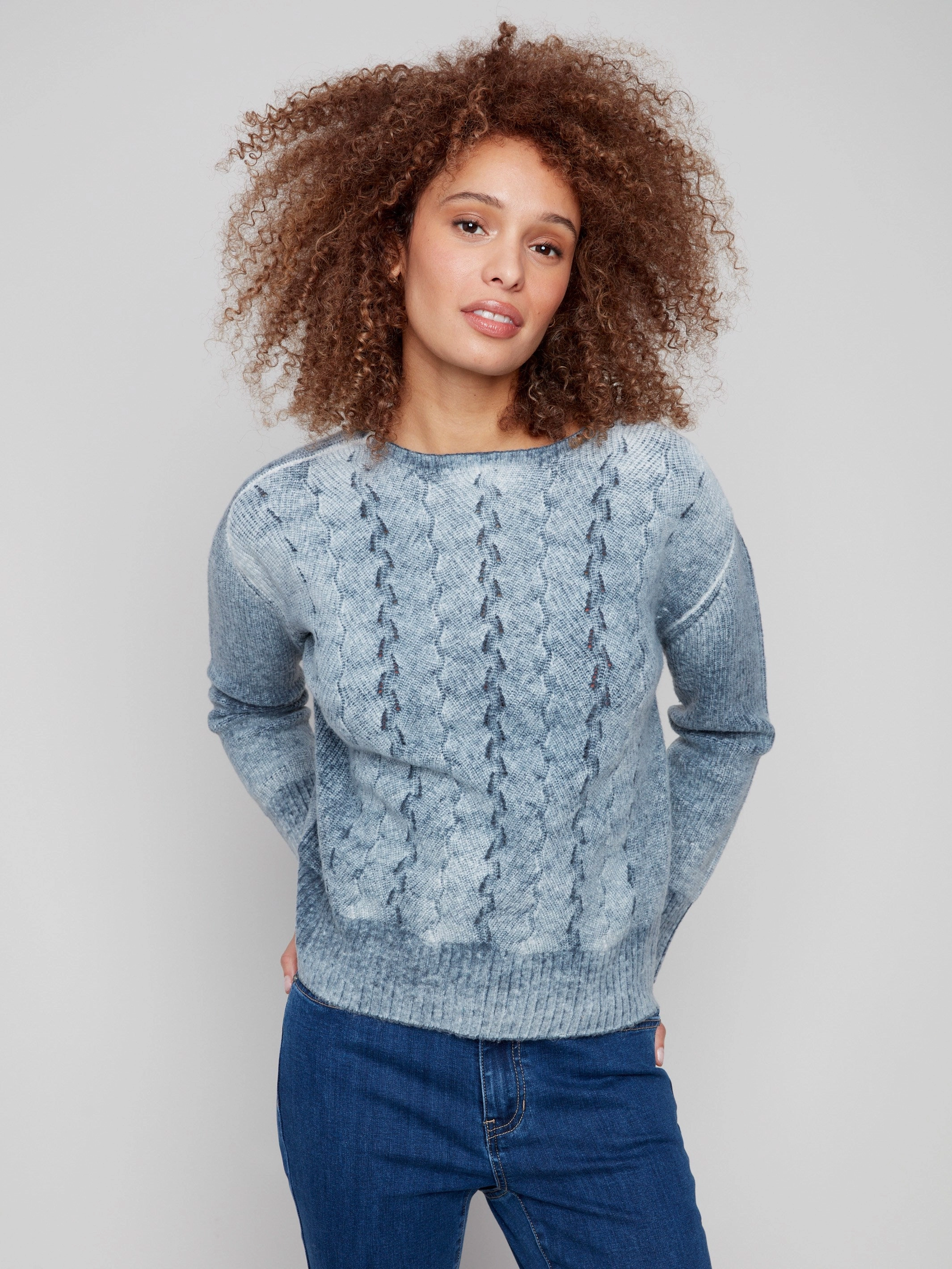 shopper Fancy Stitch Crew Neck Sweater - Denim
