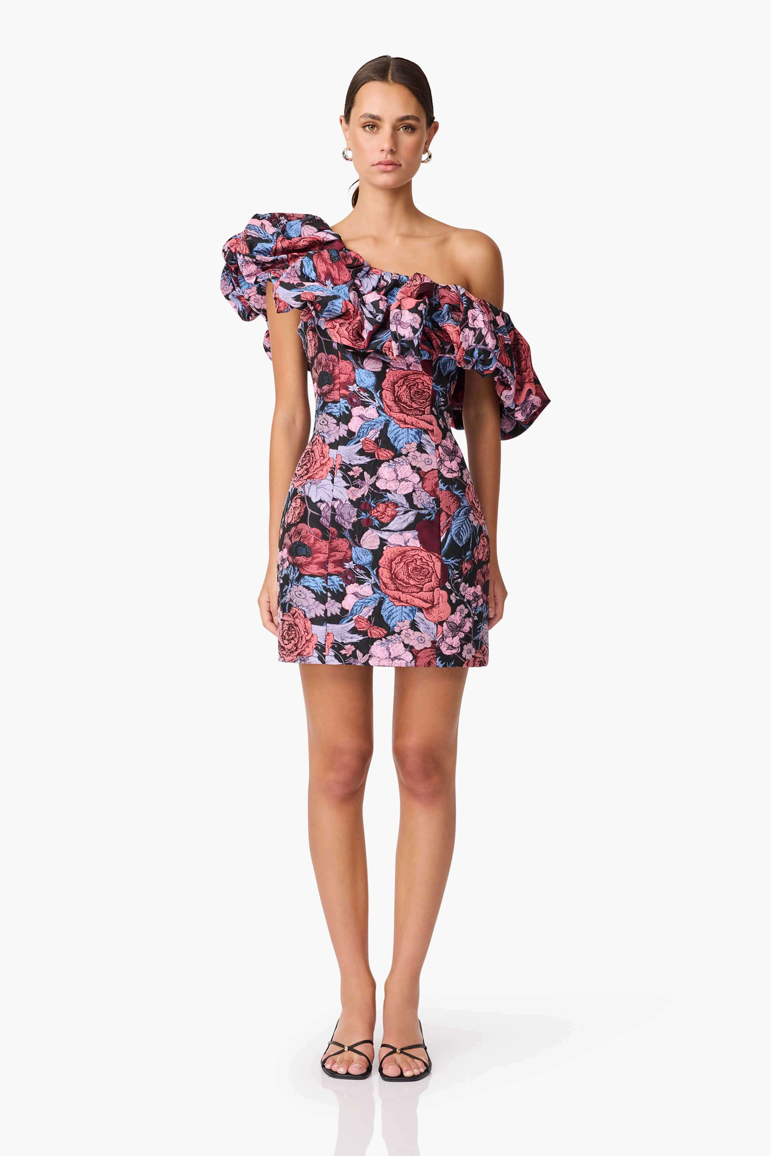 Polished Fit Delphine One Shoulder Mini Dress in Pink & Black Floral