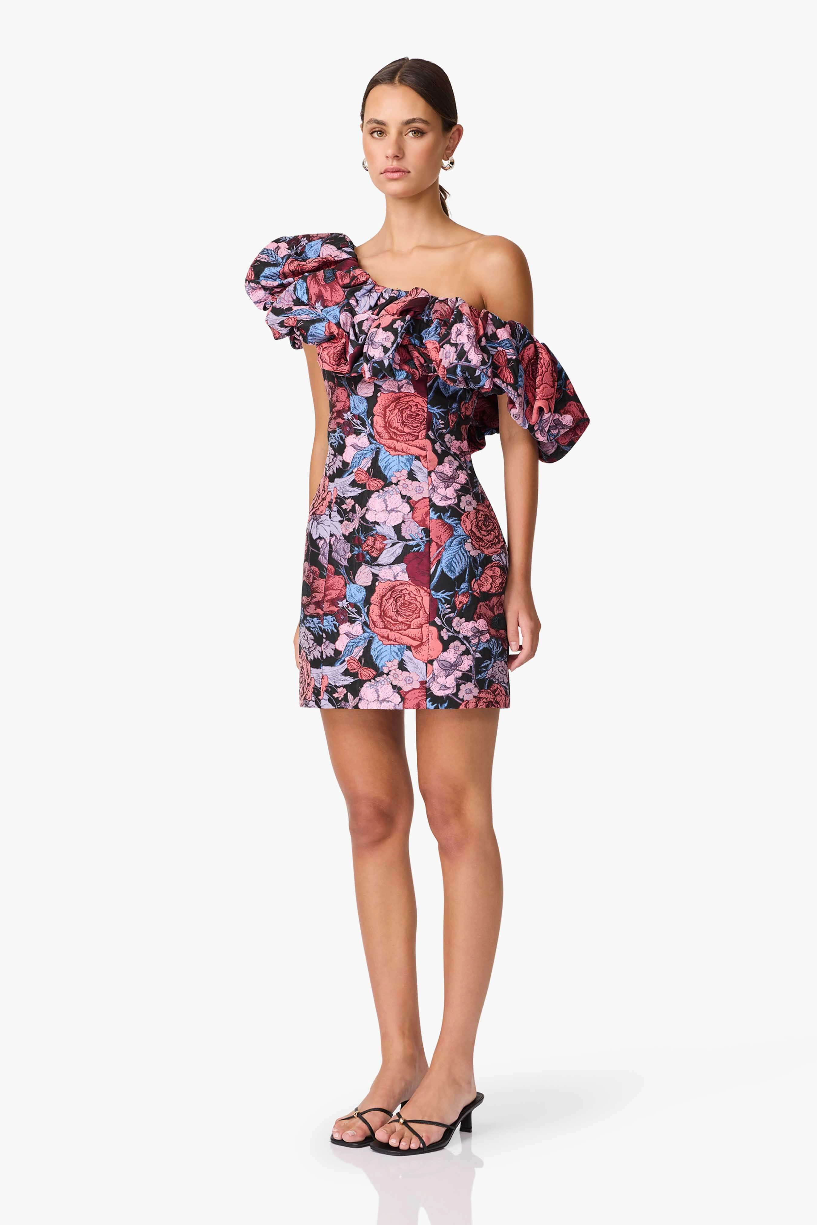 Flowing Design Floating Shape Delphine One Shoulder Mini Dress in Pink & Black Floral